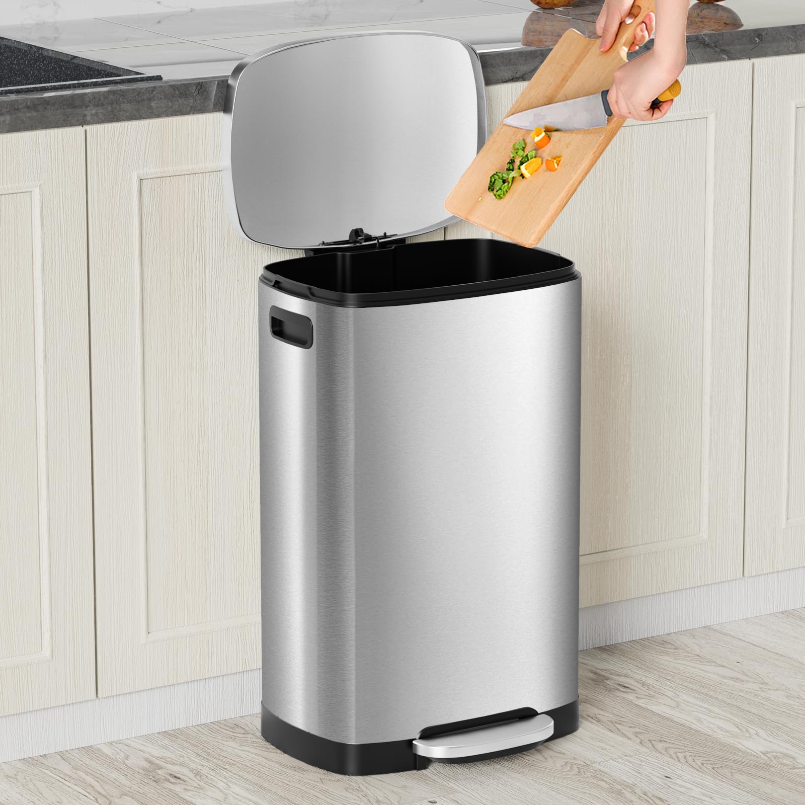13 Gallon Stainless Steel Trash Can with Lid - 50L Fingerprint Proof Kitchen Garbage Bin, Removable Inner Bucket & Soft Close Pedal - Ideal for Home, Office & Restaurant Use