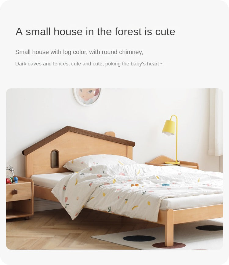 Kids Wooden Bed with Night Light - Beech & Poplar Little House Design with 15-Minute Auto Light Off - Perfect for Bedrooms, Playrooms & Cozy Sleep Spaces
