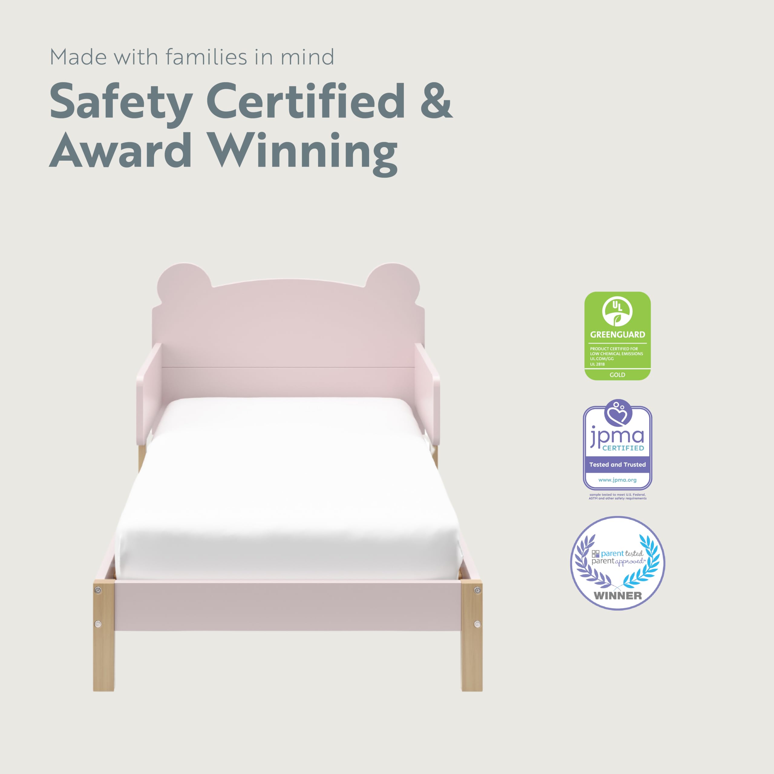 Storkcraft Teddy Bear Toddler Bed with Safety Rails - GREENGUARD Gold Certified, Blush & Driftwood 2-Tone Design, Fits Standard Crib Mattress | Cozy Nursery Furniture for Toddler's First Big Kid Bed Transition