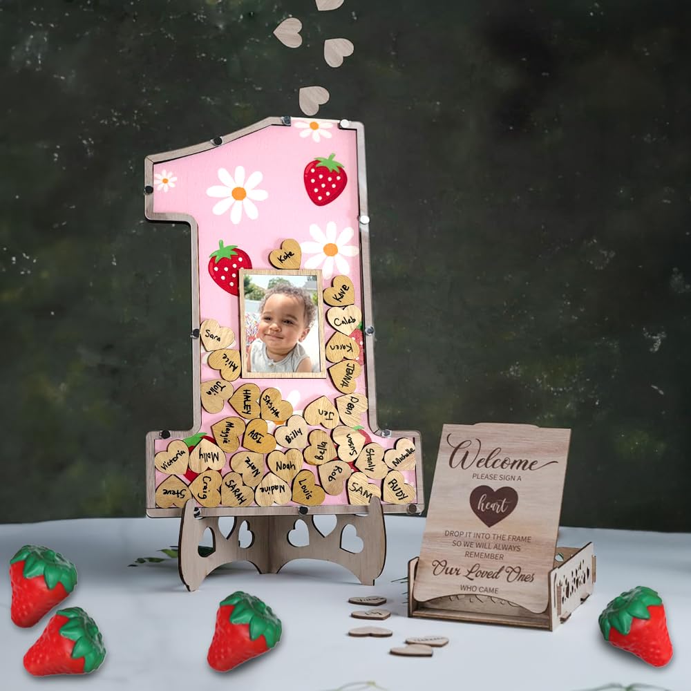 Berry First Birthday Decorations - 1st Birthday Photo Frame & Guest Book Alternative - Strawberry Themed Sweet One Centerpiece Keepsake for Baby's Milestone Celebration - Perfect for Nursery Decor, Birthday Parties & Photo Displays
