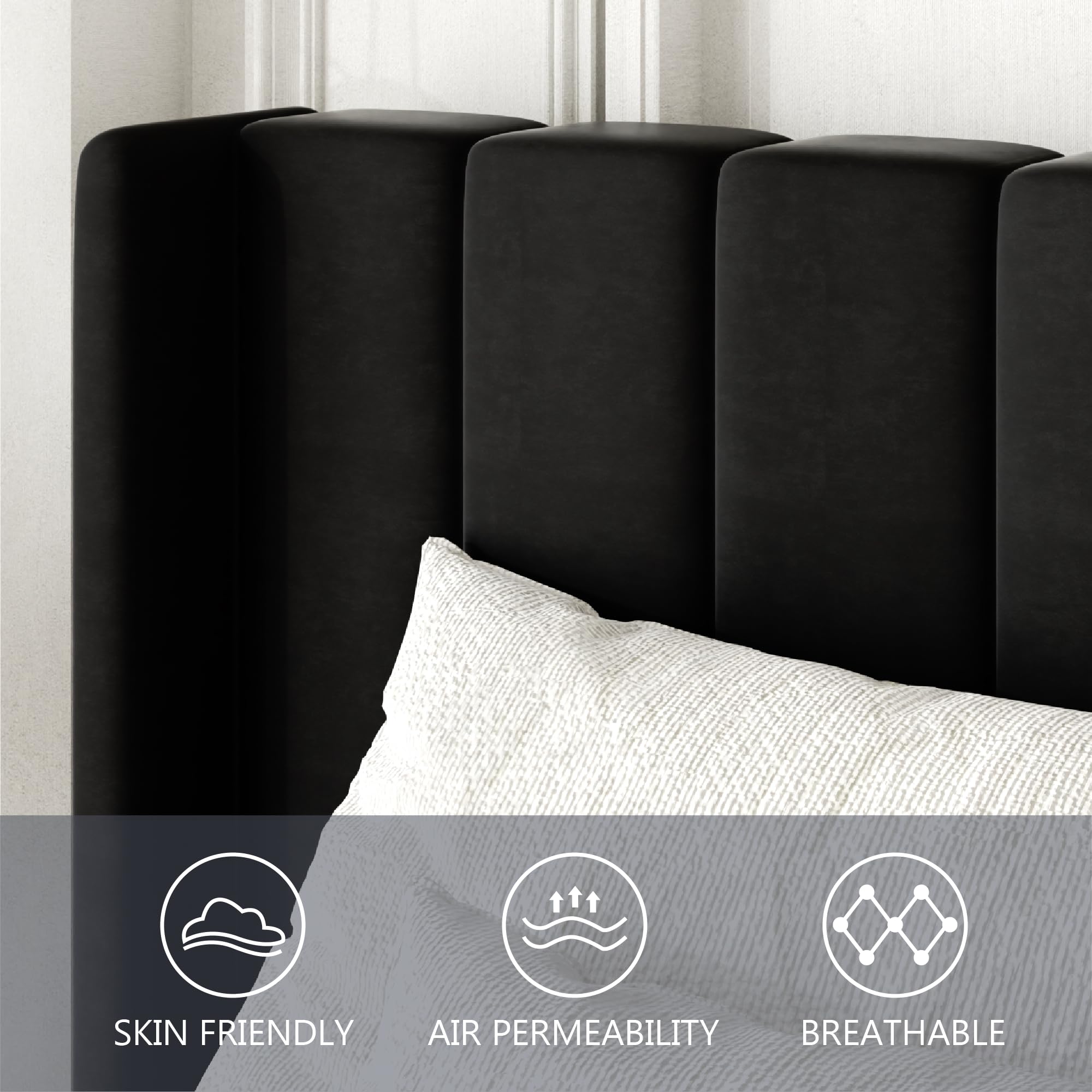 Queen Size Bed Frame with Upholstered Wingback Headboard - Easy Assembly Platform Bed with Wooden Slat Support (No Box Spring Needed) - Black Velvet Fabric - Perfect for Master Bedroom, Guest Room & Apartment