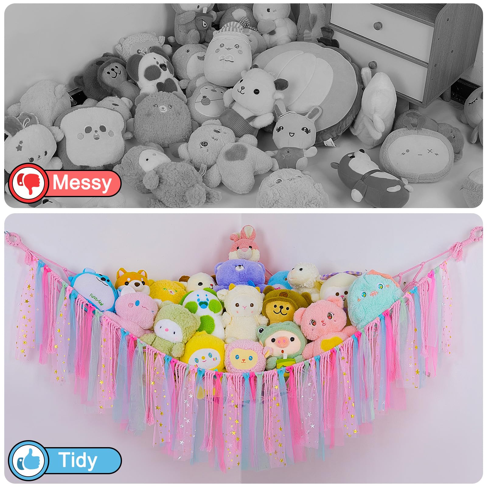 FIOBEE Stuffed Animal Storage Hammock with LED Lights - Hanging Toy Organizer for Kids Bedroom & Nursery Decor - Perfect for Storing Plush Toys, Stuffed Animals & Soft Toys in Style