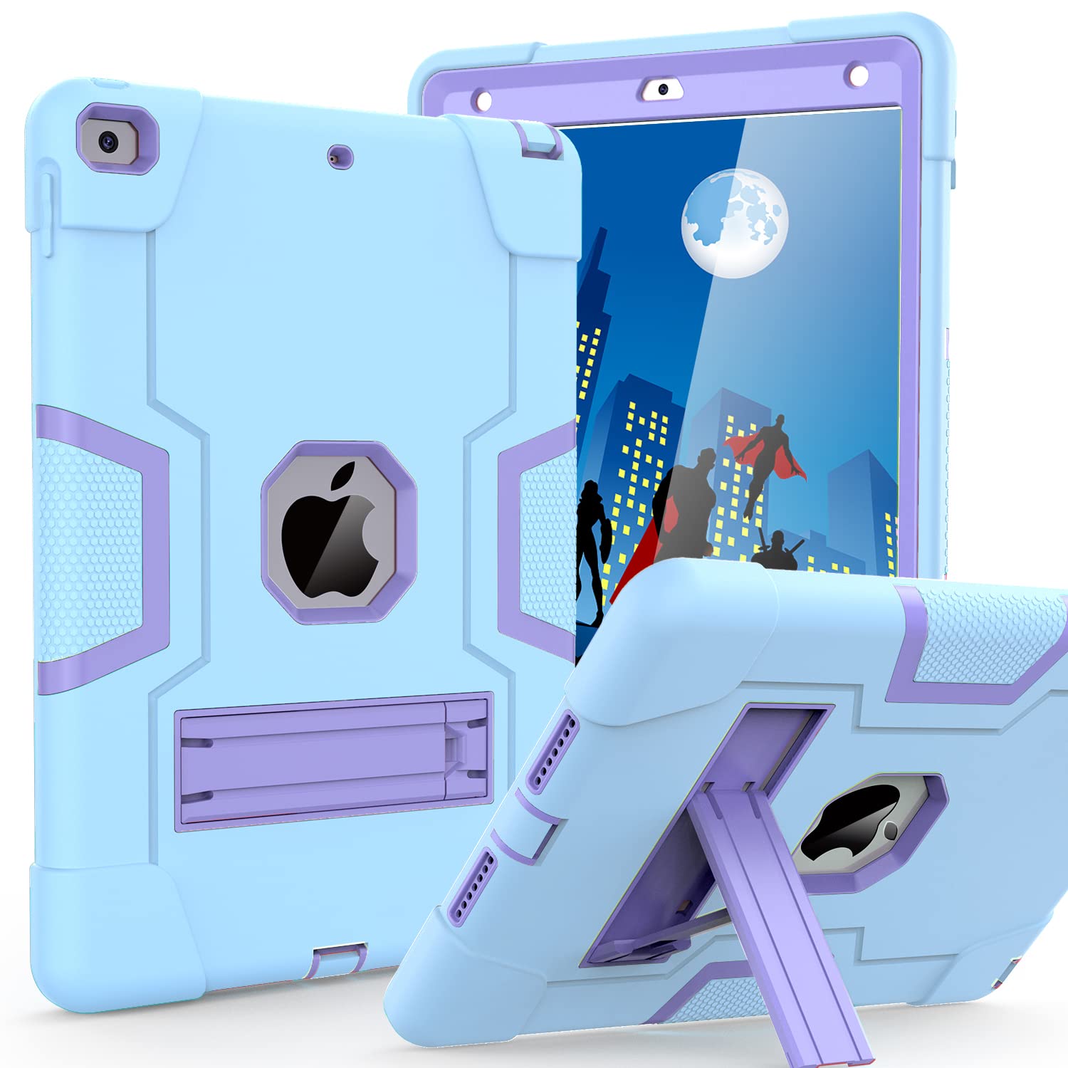 Shockproof Rugged iPad Case for 9th/8th/7th Gen 10.2-inch (2021/2020/2019) - Slim Heavy Duty Protective Cover with Built-in Stand, Sky Blue & Purple - Perfect for Travel, Work & School Use