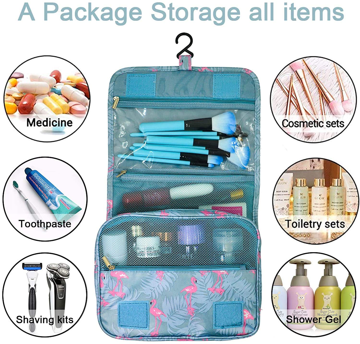 Trawila Travel Hanging Toiletry Bag for Men & Women - Waterproof Cosmetic Organizer with Sturdy Hook, Light Blue Flamingo Design - Perfect for Camping, Gym, Business Trips & Vacation