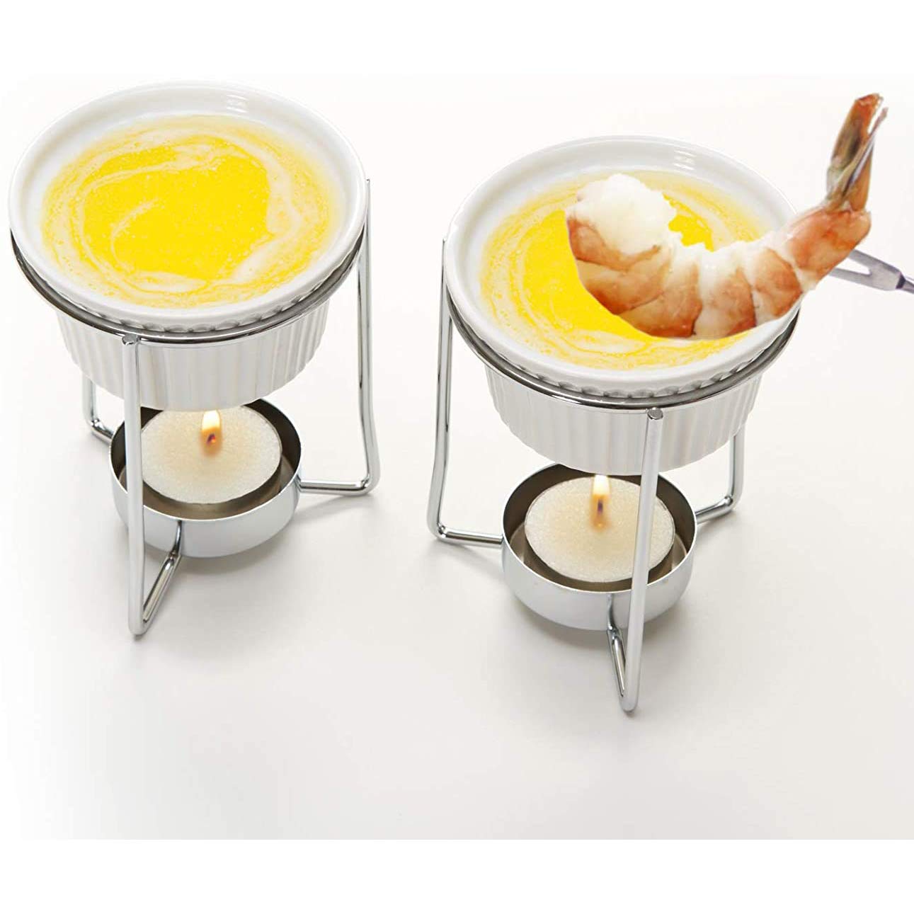5-Ounce White Ceramic Butter Warmer Fondue Set with Stand, Candles & Cups - 8-Piece Kit for Home, Party & Romantic Dinner