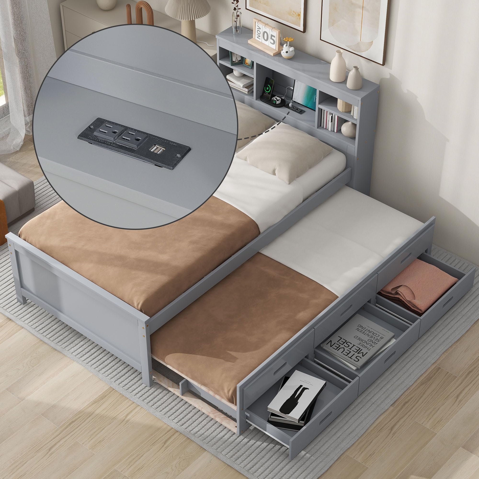 Harper & Bright Designs Twin Bed with Trundle and Storage Drawers, Wooden Twin Bed Frame with Bookcase Headboard & USB Ports - Space-Saving Solution for Kids, Teens & Adults (Gray) | Perfect for Small Bedrooms, Guest Rooms & Dormitories