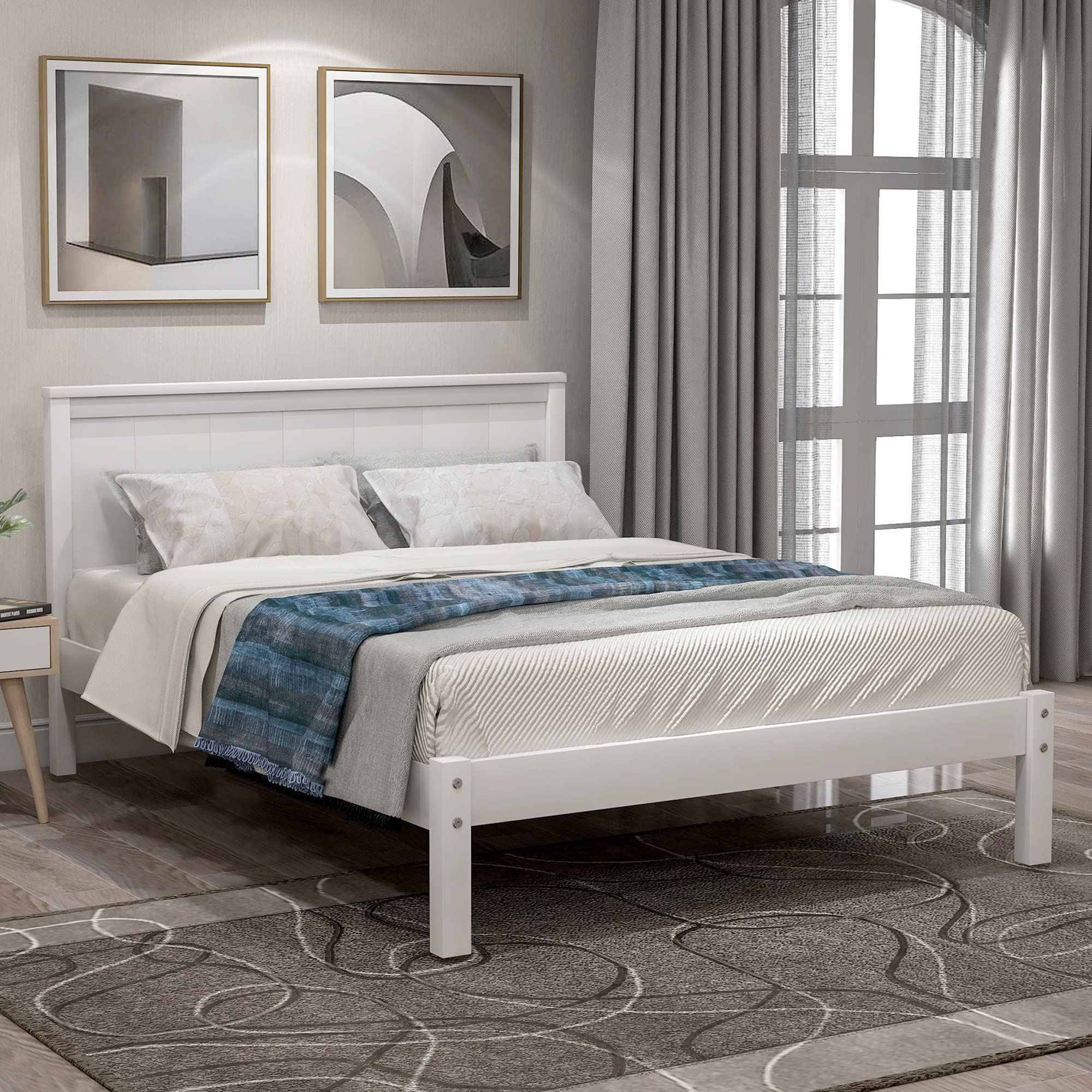 Twin Bed Frame with Headboard - Solid Wood Platform Bed, Sturdy Slat Support, Easy Assembly, No Box Spring Needed - Perfect for Kids Rooms, Guest Bedrooms & Small Spaces (White)