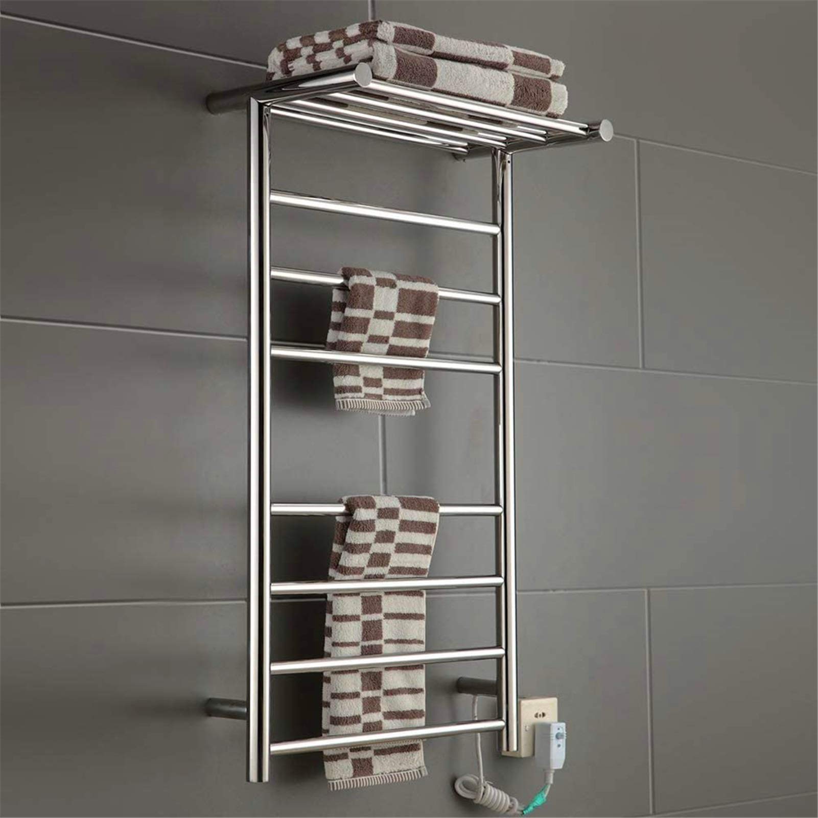 Stainless Steel Electric Towel Warmer - 7 Heated Bars Wall Mounted Bathroom Heater with Thermostat & Storage Shelf (920×520×300mm) | Perfect for Spa, Luxury Bathroom & Cold Climate Homes