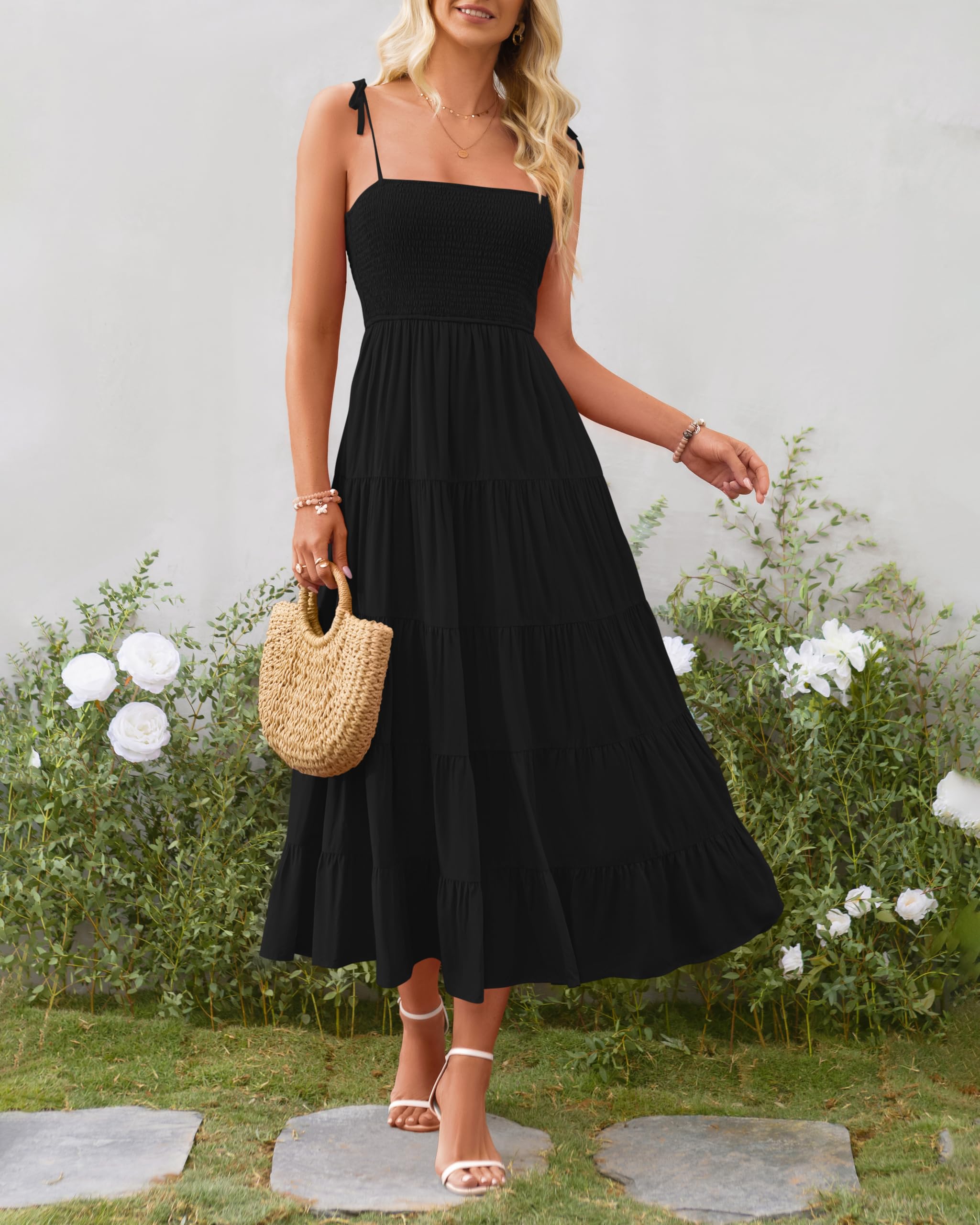 PRETTYGARDEN Women's Summer Dresses 2025 - Spaghetti Strap Sleeveless Backless Smocked A-Line Boho Flowy Midi Dress for Beach, Vacation, Party & Casual Wear