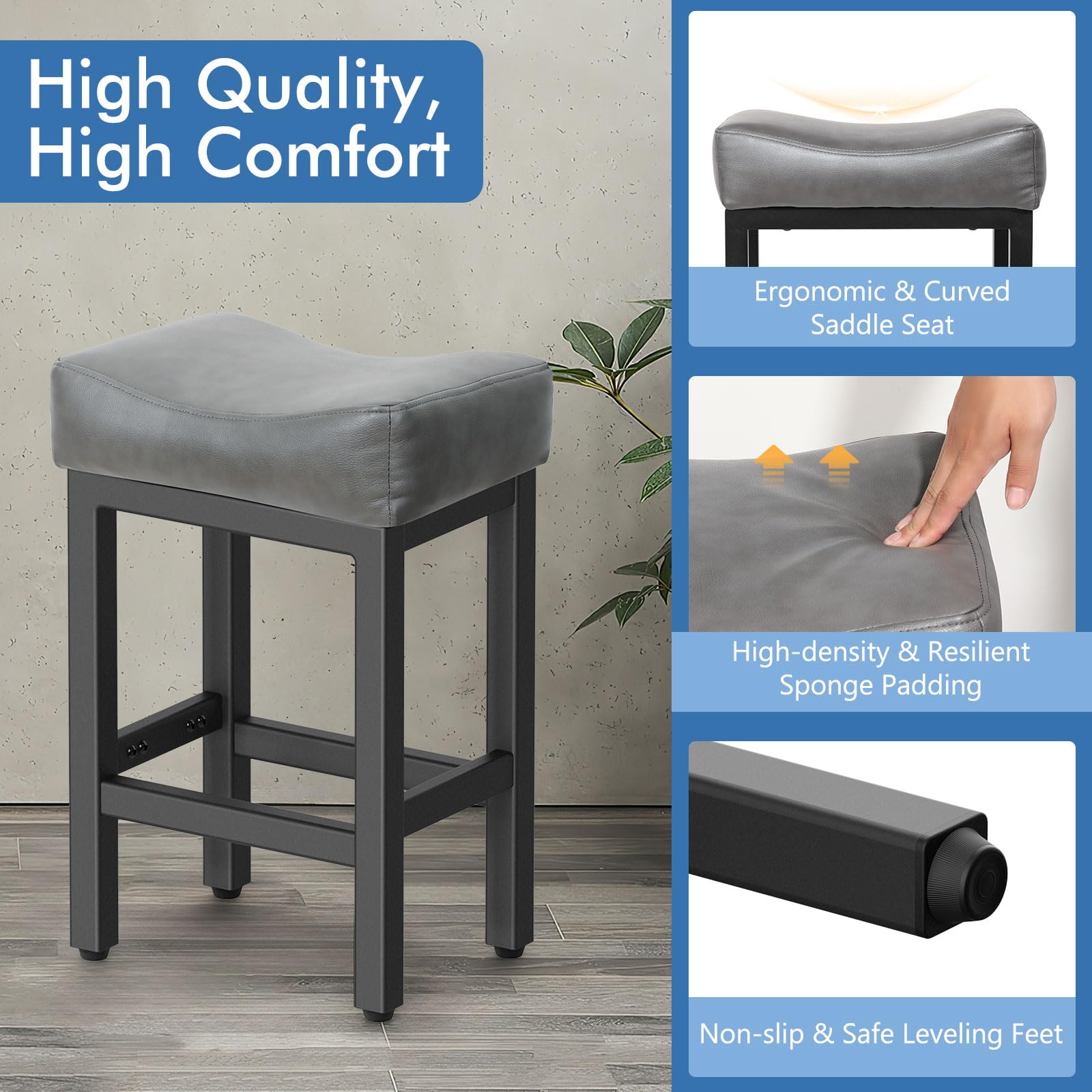 24 Inch Counter Height Bar Stools Set of 2 - Heavy Duty Metal Base Kitchen Island Stools with Thick Bonded Leather Saddle Seats, Easy Assembly in Gray/Black - Perfect for Breakfast Bars, Kitchen Islands & Home Bars
