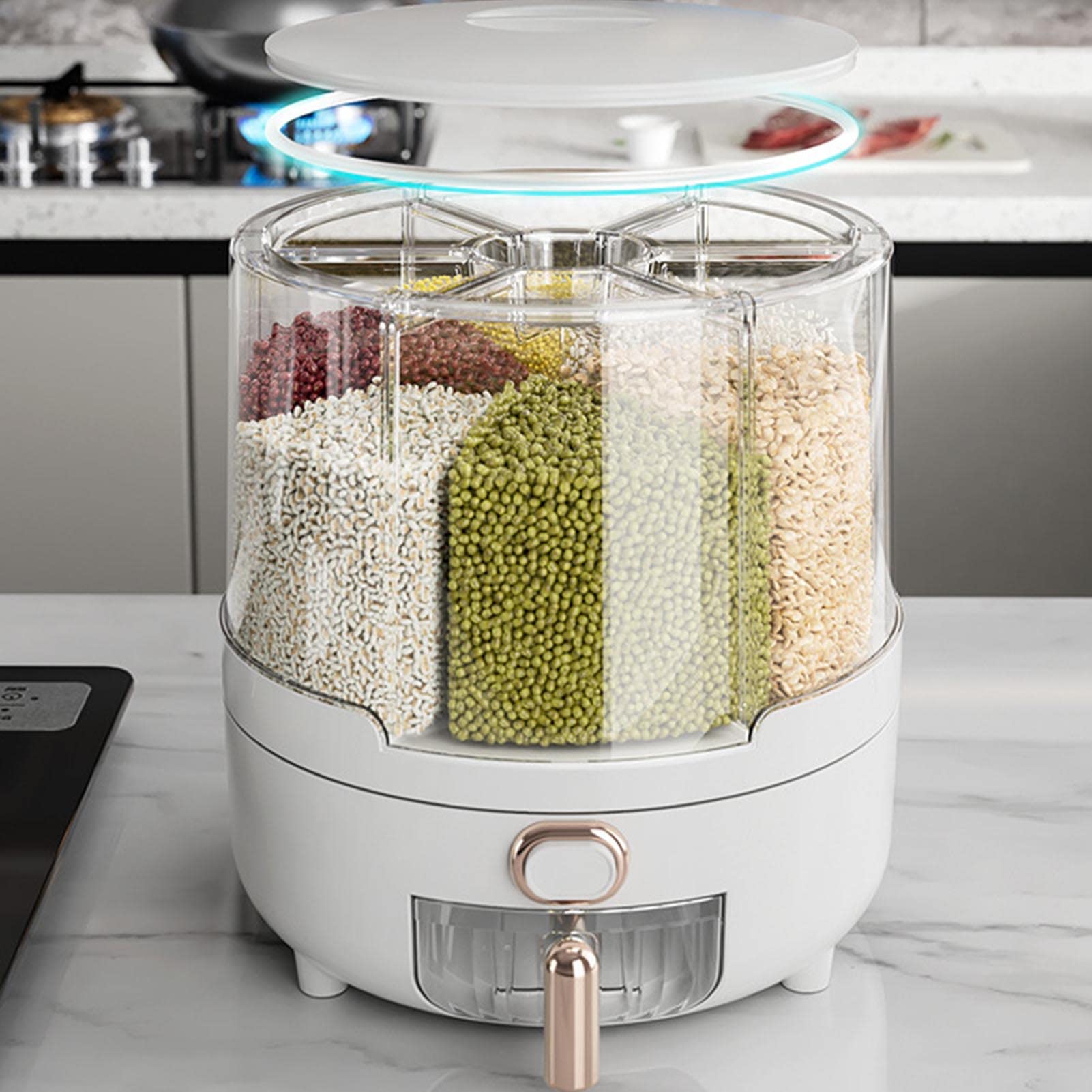 360 Degree Rotating Grain Dispenser Box - PP Plastic Kitchen Storage Container for Rice, Beans & Dry Food | Airtight Grain Storage Solution for Pantry Organization | Perfect for Rice, Cereal, Pasta & Bulk Food Storage (M-White)