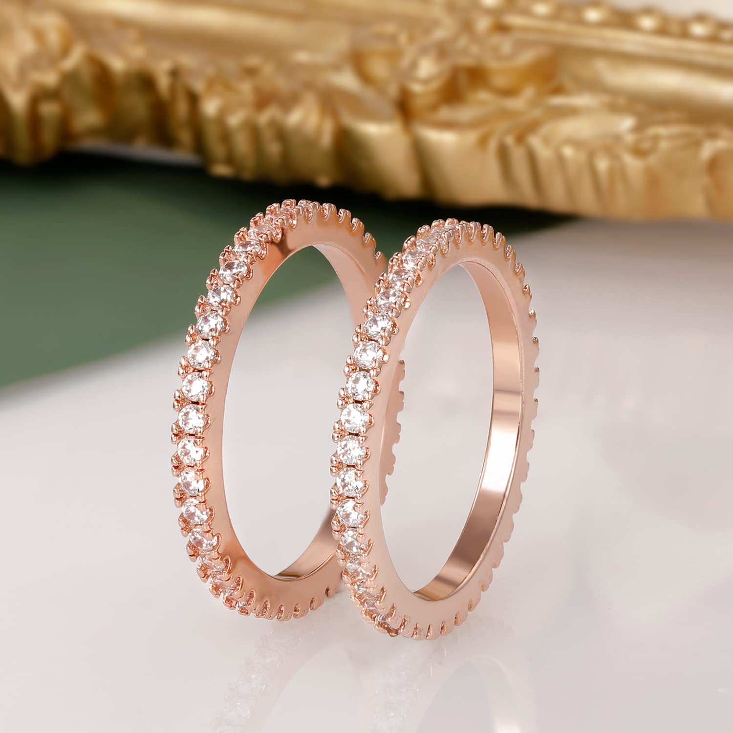 VOLUKA Eternity Stacking Rings for Women & Men - 18K Rose Gold Plated Cubic Zirconia Thin Band Rings - Perfect for Layering, Anniversary Gifts & Everyday Elegance