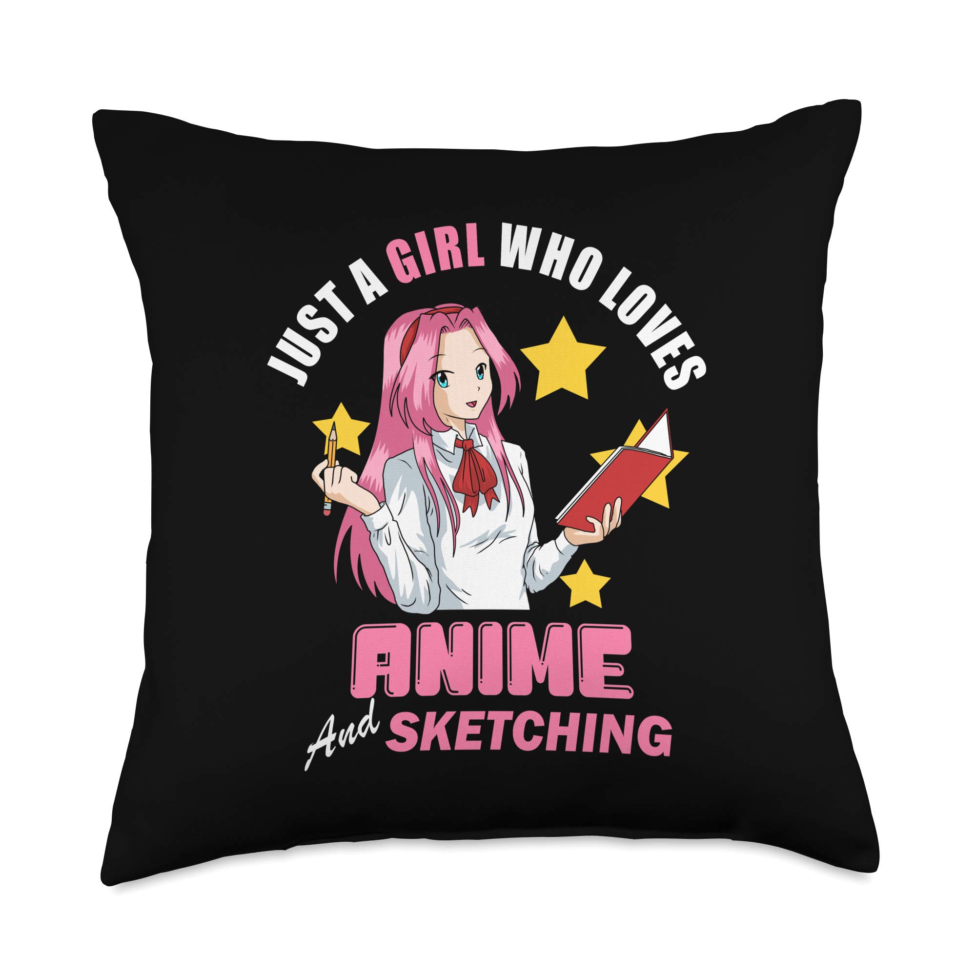 Anime Gifts for Teen Girls - Cute Anime Merch Clothes & Just A Girl Who Loves Anime Sketching Throw Pillow 18x18 Inch Multicolor - Perfect for Bedroom Decor, Anime Lover Gifts & Kawaii Room Accessories