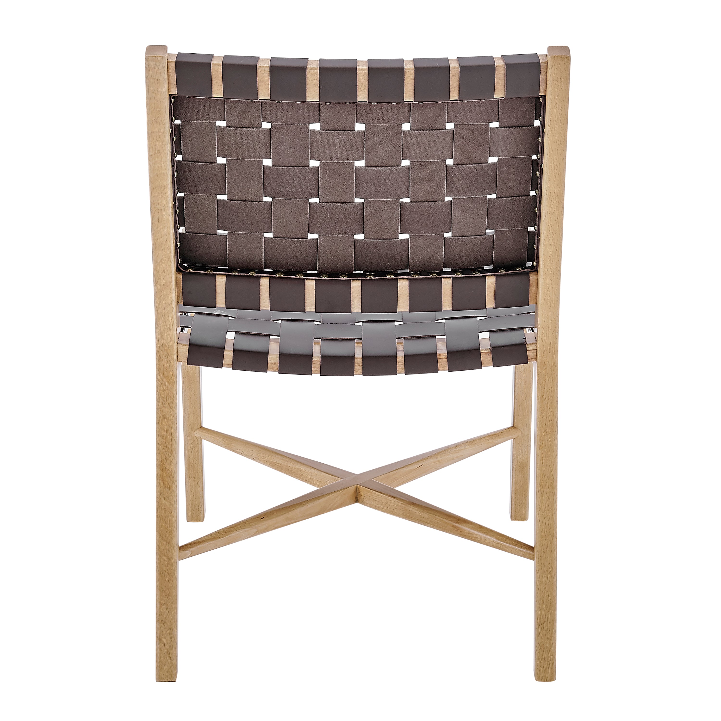 Evangeline Side Chair - Natural Beech Wood Frame with Brown Woven Regenerated Leather Seat & Back - Perfect for Dining Room, Kitchen, or Office Decor