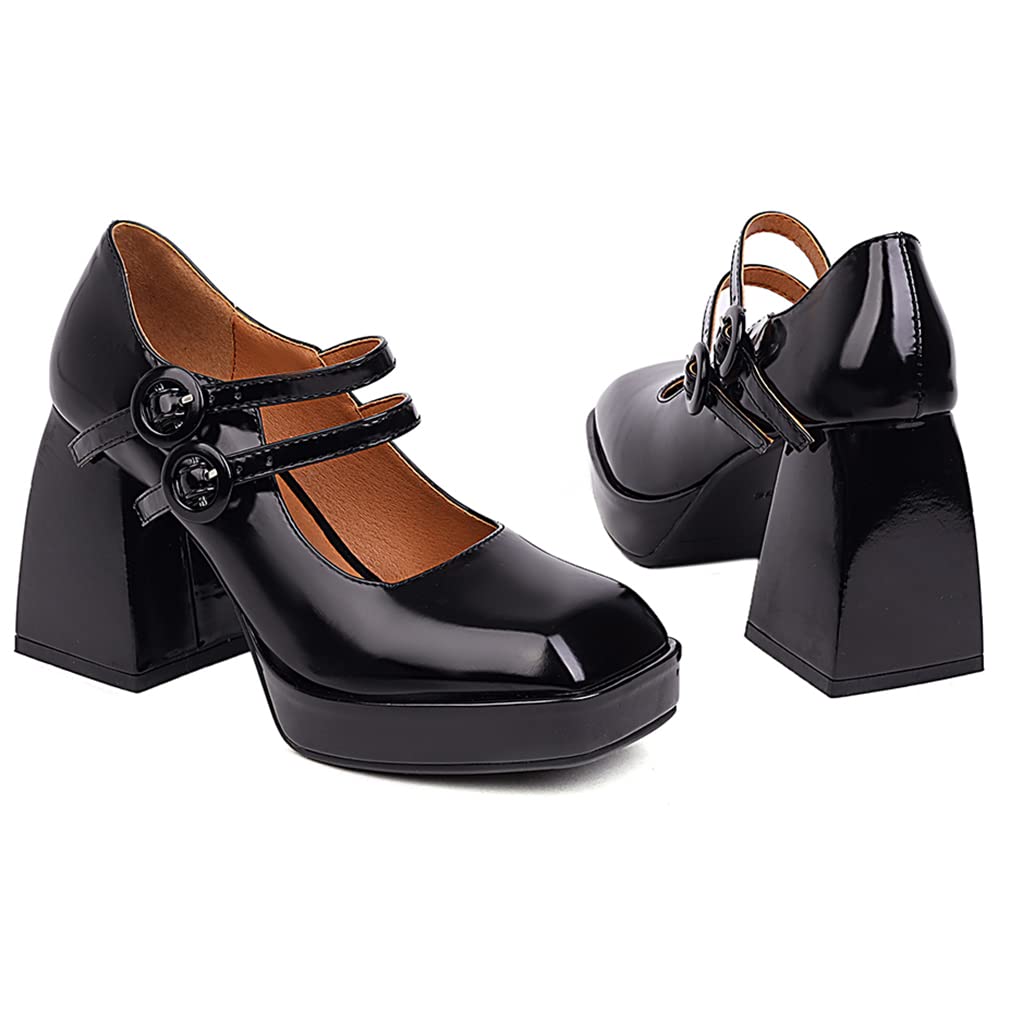 VARECOLA Women's Chunky Heel Square Toe Pumps - Patent Leather Platform High Heels with Pearl Chain Detail | Perfect for Office, Parties & Special Occasions
