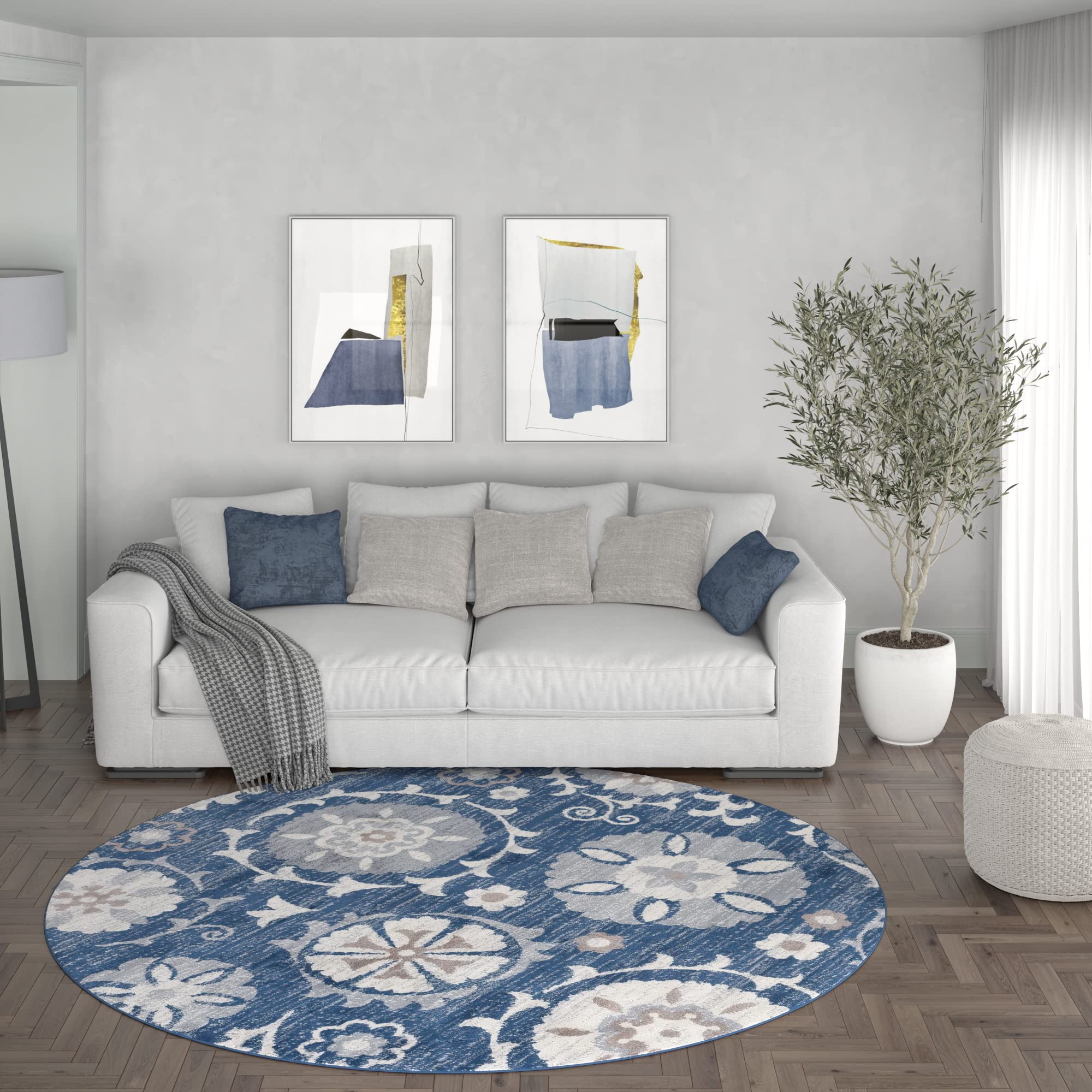 Navy Blue 8ft Round Modern Area Rug - Soft Indoor Carpet for Living Room, Dining Room, Bedroom, Kitchen & Entryway - Contemporary Home Decor - Perfect for Cozy Spaces & Modern Interiors