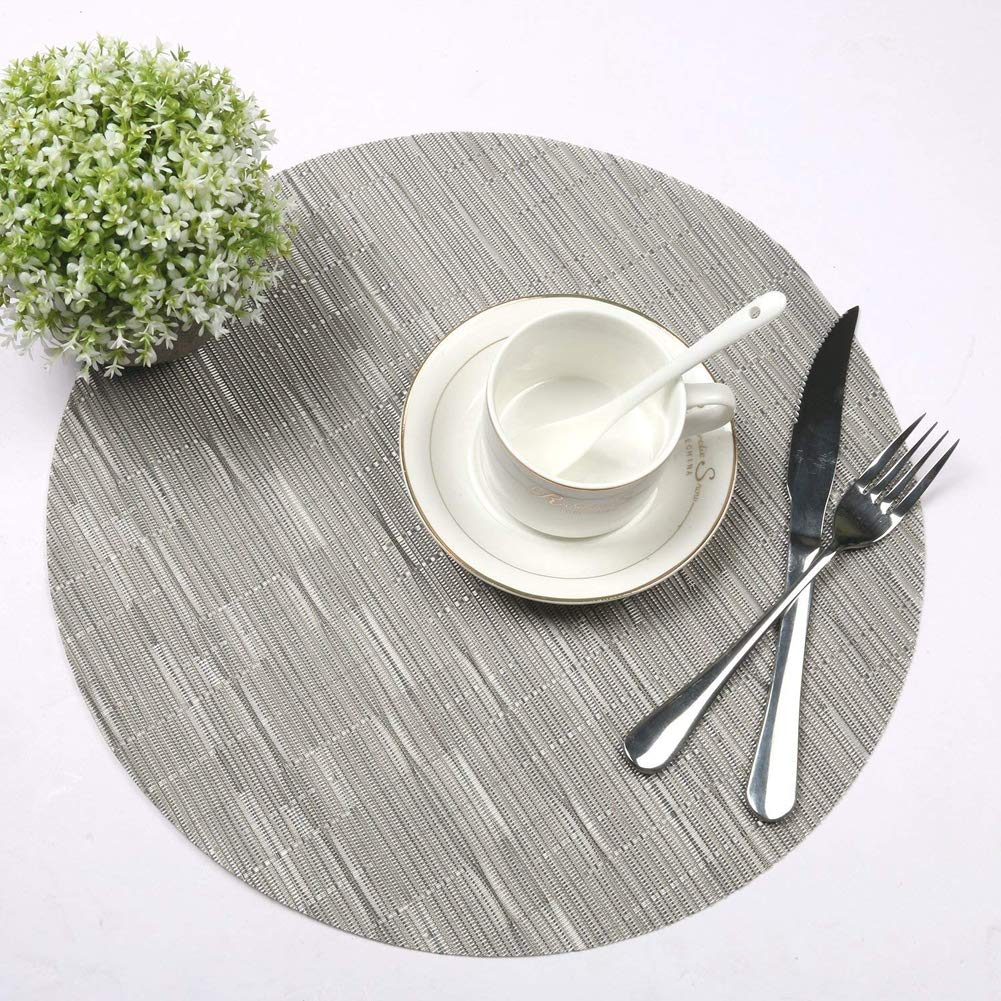 Premium Woven Vinyl Wedge Placemats Set - Heat Resistant & Easy Clean Round Dining Table Mats (1 Centerpiece + 6 Wedge Placemats, Silver) for Elegant Dinner Parties, Holiday Gatherings & Everyday Family Meals