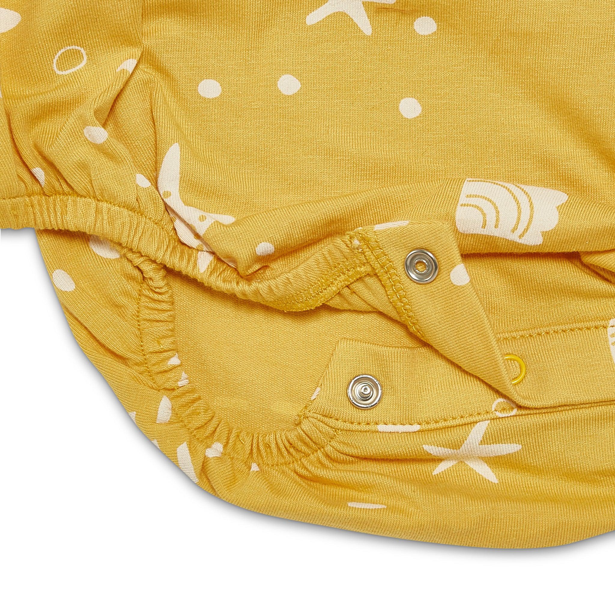 Organic Flutter Sleeve Button Romper - Sunny Yellow Seashells Print | Baby Girls' Summer Outfit for Beach, Park & Photoshoots