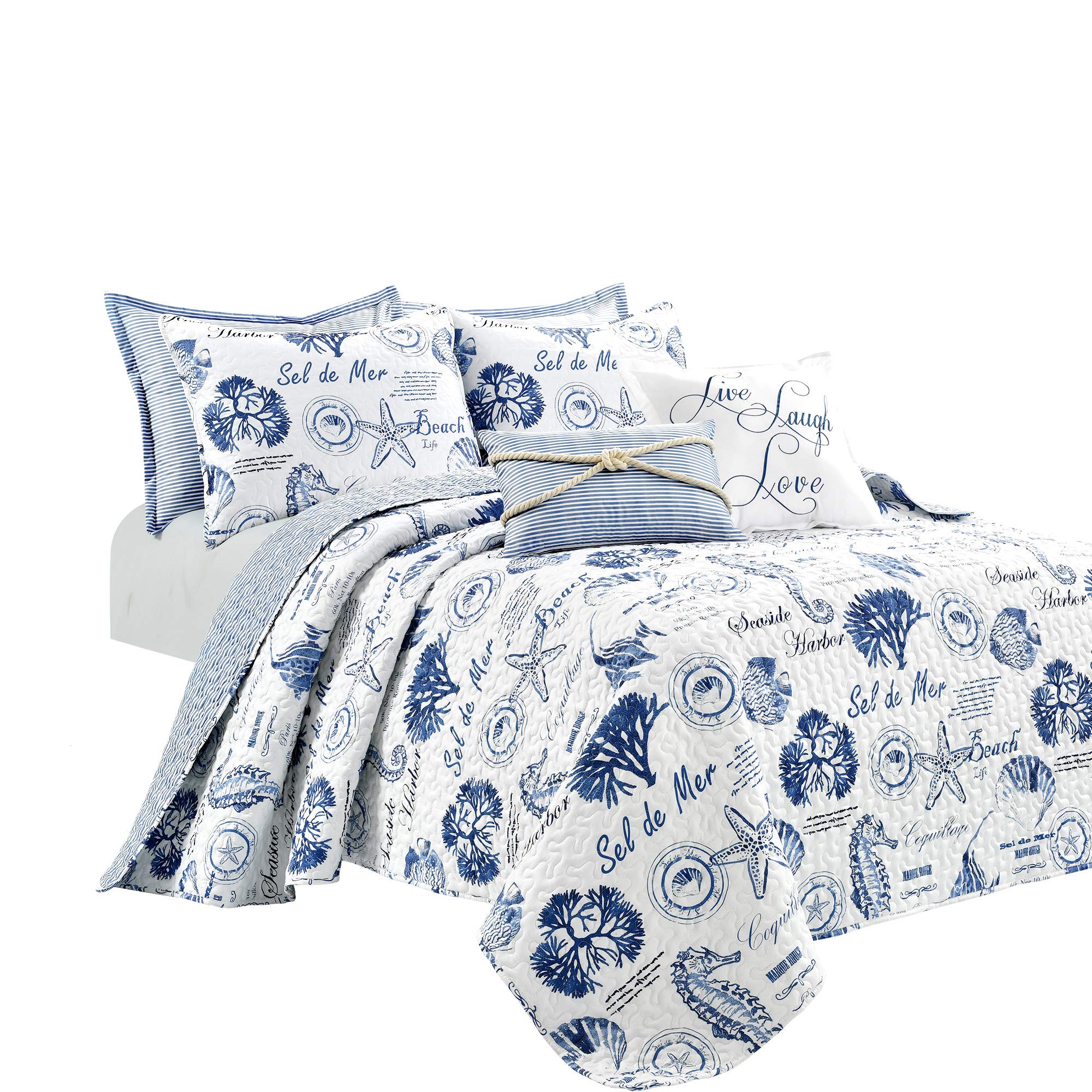 Lush Decor Harbor Life Reversible 7-Piece King Quilt Set - Indigo Striped Nautical Design with Sea Life Print | Coastal Bedroom Decor for Beach Houses, Guest Rooms & Vacation Homes