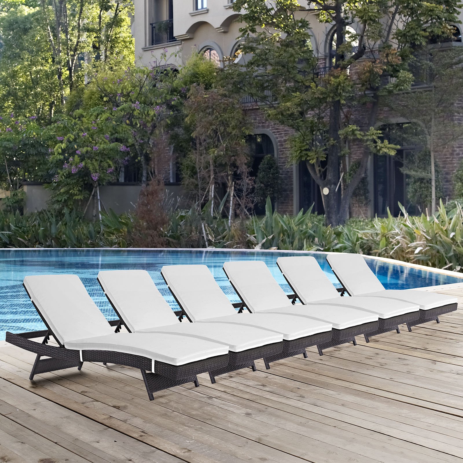 Modway Convene Wicker Rattan Outdoor Patio Chaise Lounge Chairs Set of 6 - Espresso & White Weather-Resistant Poolside Furniture for Backyard, Garden, and Beach Relaxation