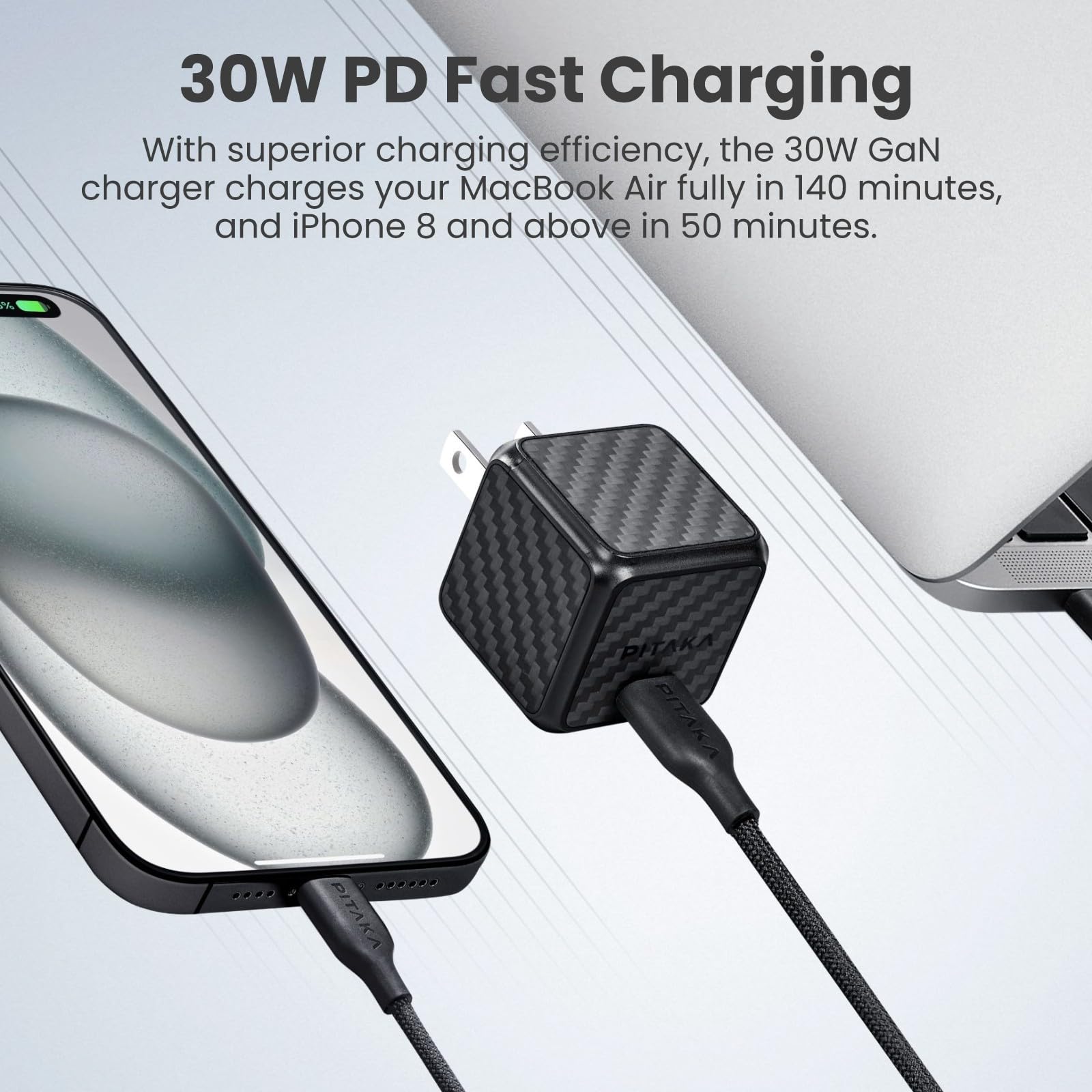 PITAKA 30W GaN Fast USB C Charger for iPhone 15/14/13/12 - Compact & Powerful PD Charging Block (Black/Grey Twill) - Perfect for Home, Office & Travel