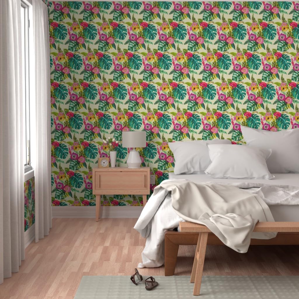 Commercial Grade Wallpaper 27ft x 2ft - Boho Tropical Floral Bohemian Paradise Traditional Peel and Stick Wallpaper by Spoonflower | Perfect for Bedroom, Living Room, Office & Home Decor