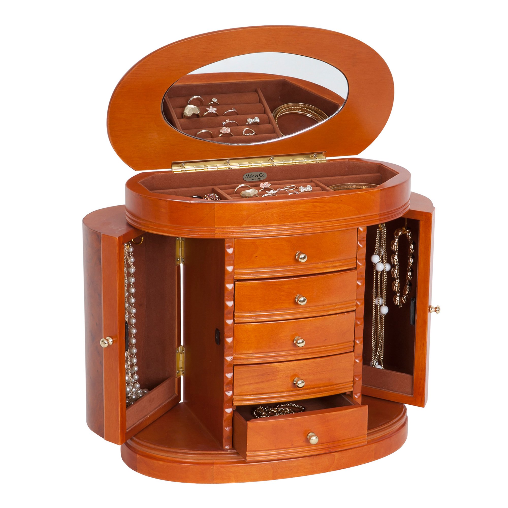 Mele & Co. Trinity Jewelry Box - Premium Walnut Wood Jewelry Organizer with Mirror | Perfect for Necklaces, Rings & Earrings Storage | Gift for Women & Brides