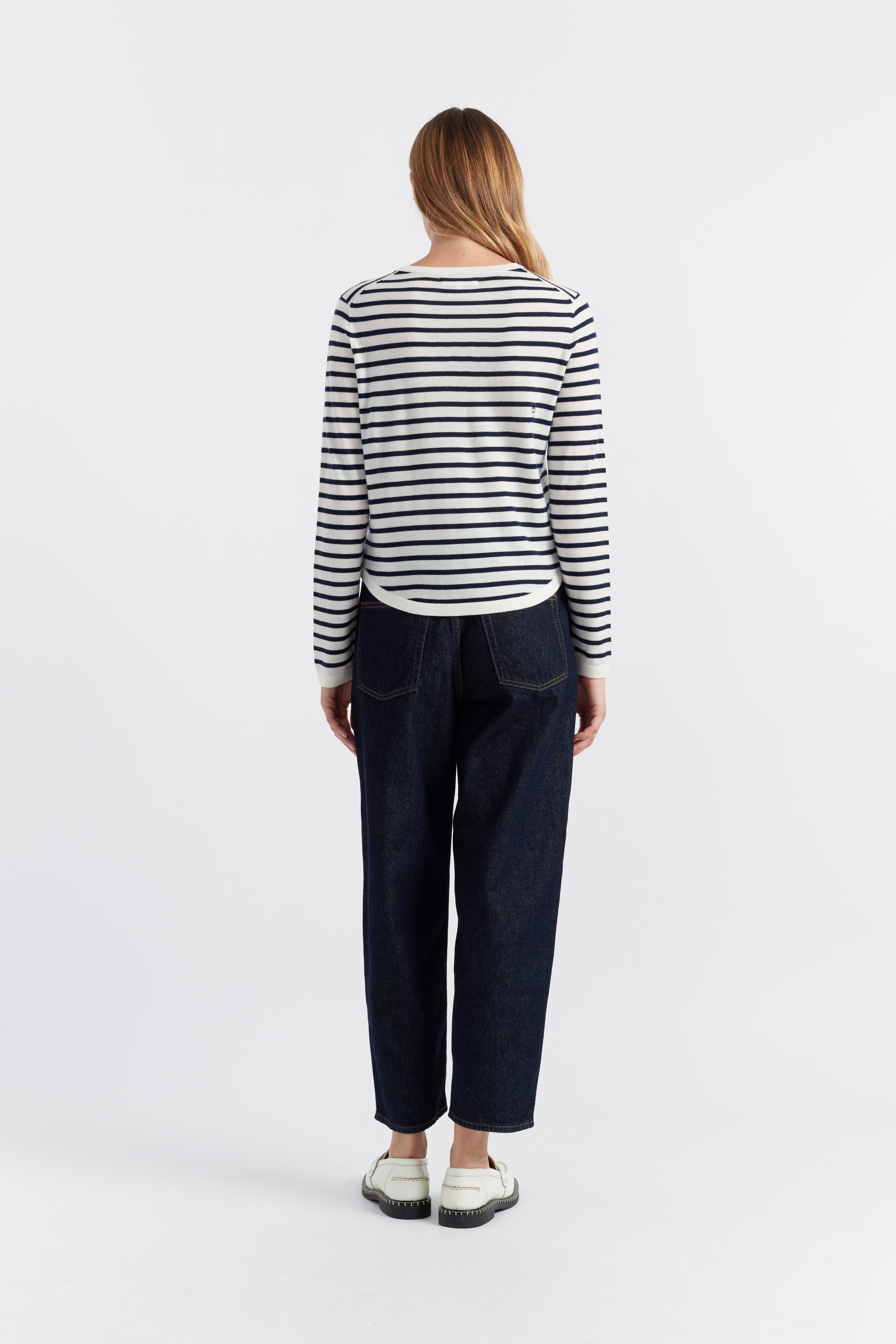 Soft Cream & Navy Merino Wool Heart Breton Sweater for Women - Cozy Winter Knitwear for Casual Outings & Date Nights