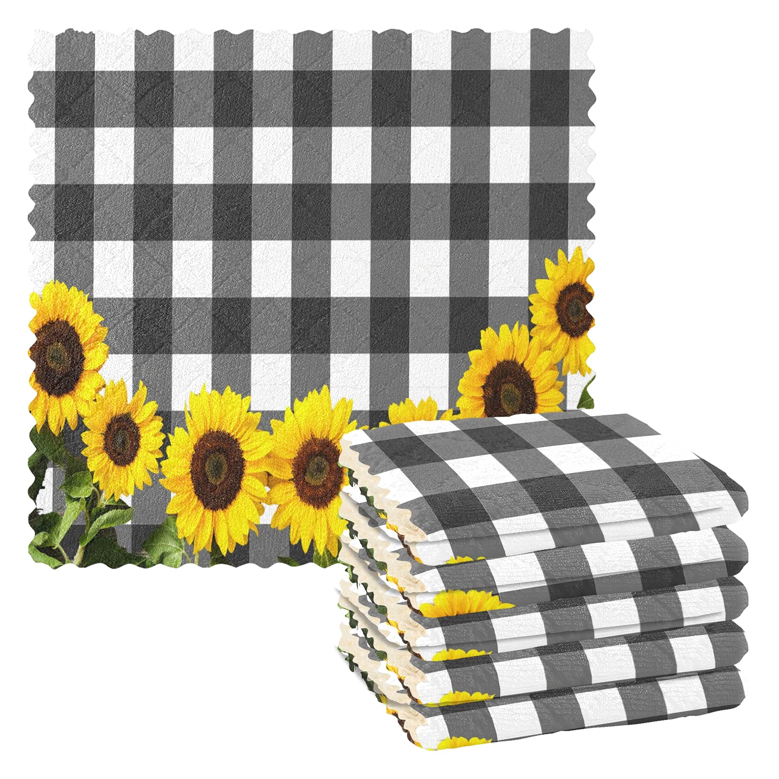 Buffalo Check Dishcloths 6-Pack - Black White Sunflower - Reusable Kitchen Towels for Dishes & Cleaning