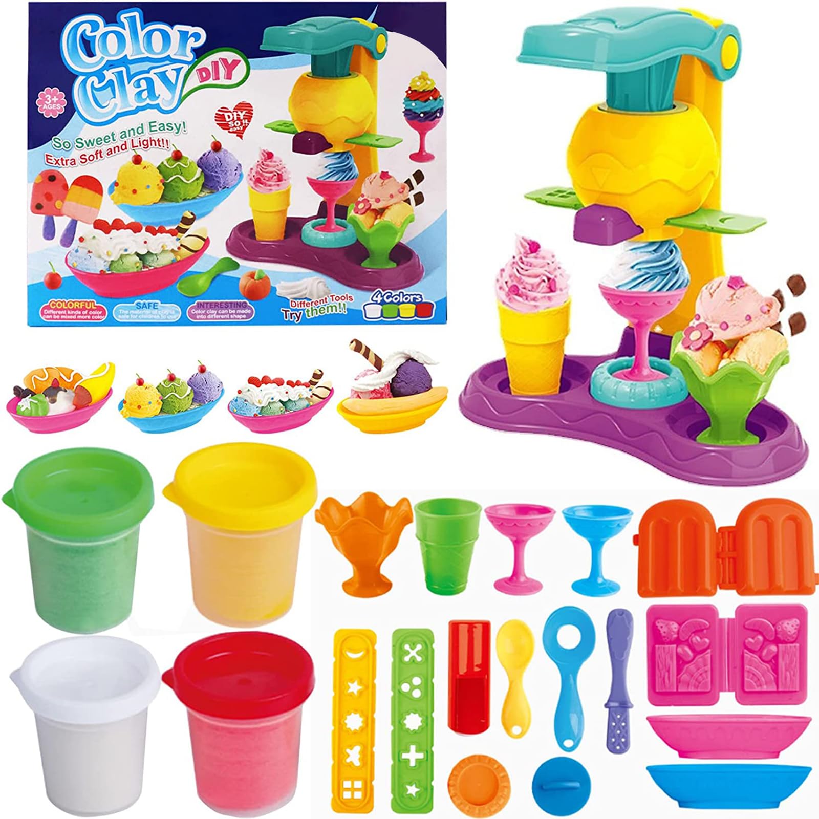 Colorful Ice Cream Play Dough Set - 21Pcs Kitchen Creations & Ice Cream Truck Maker with Clay Dough Tools - Creative Pretend Play Toy for Kids, Girls & Boys - Perfect for Birthday Gifts & Preschool Learning Activities