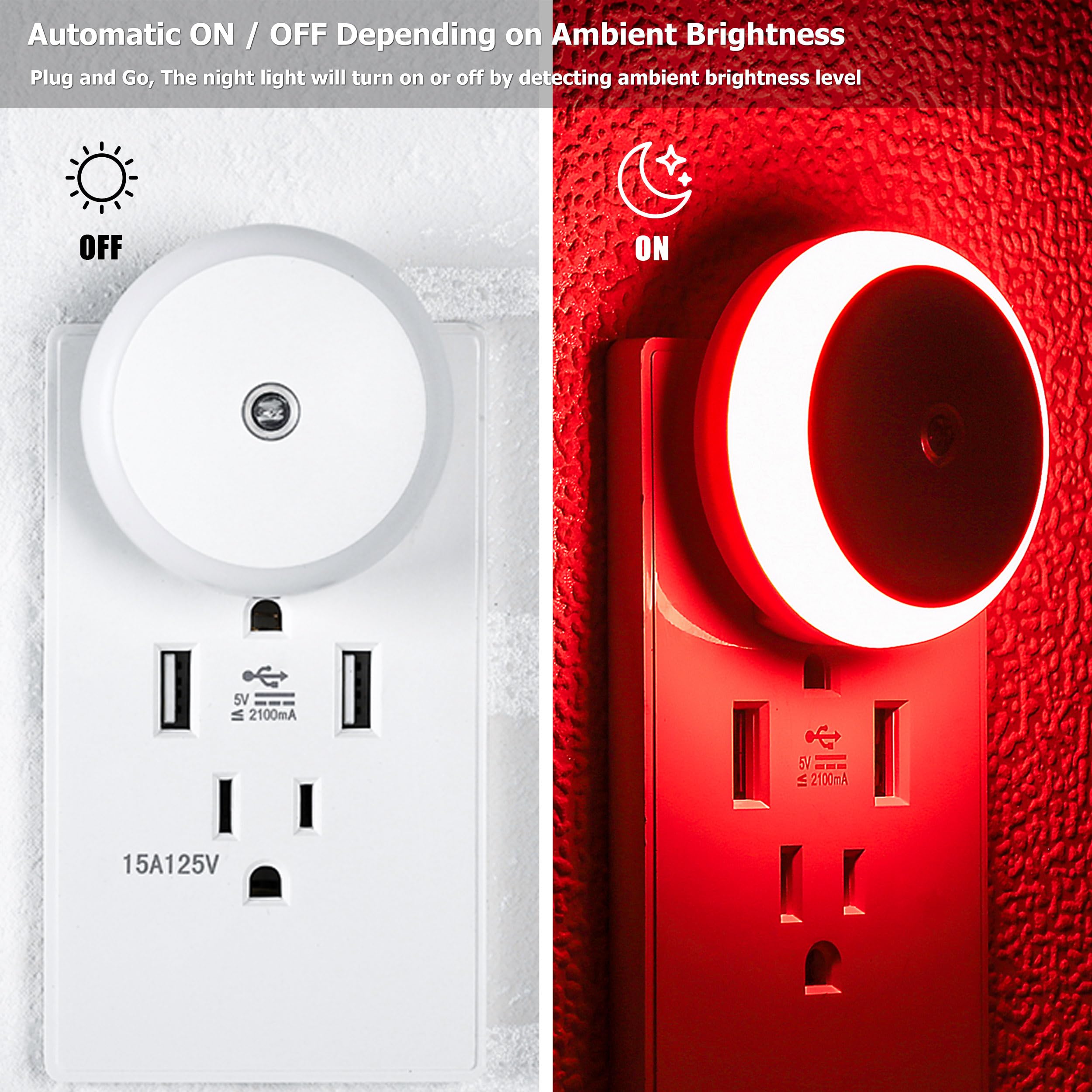 Red LED Night Light Plug in with Dusk to Dawn Smart Sensor - 2 Pack Round Wall Nightlight for Better Sleep - Perfect for Bedroom, Bathroom, Kids Room, Kitchen, Hallway & Stairway - Creates Soothing Ambiance for Nighttime Safety and Relaxation