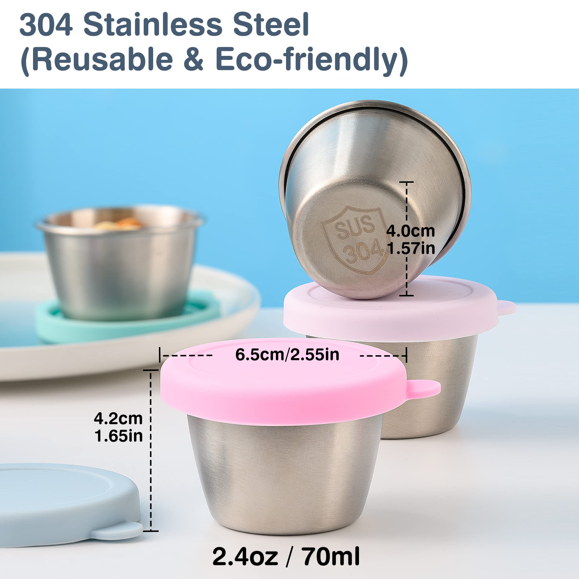 Homotte Stainless Steel Salad Dressing Containers - 6-Pack 2.4oz Leakproof Sauce Cups with Lids | 18/8 Reusable Condiment Containers for Lunch Box & Meal Prep | Perfect for Office, Picnics & Travel