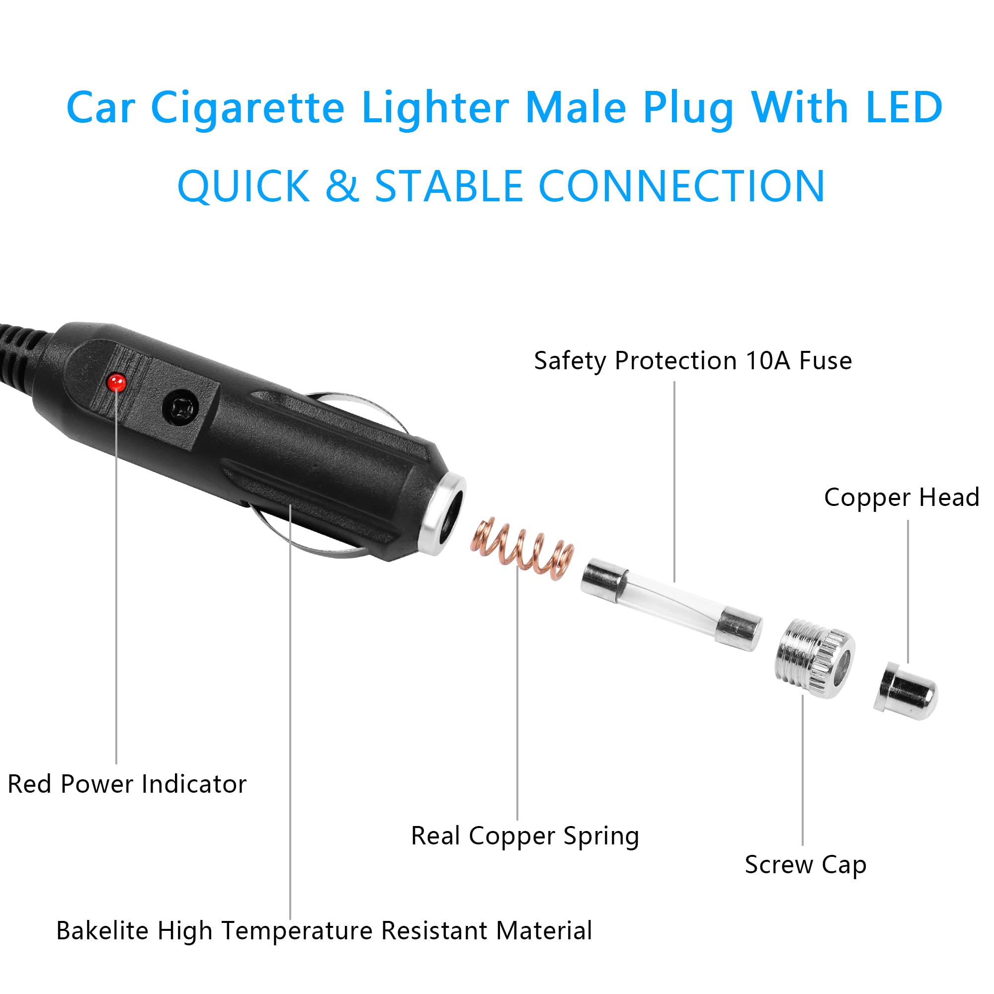 SAE to 12V Cigarette Lighter Adapter Cable - 10A Fuse & LED Light - 1.5M Quick Release Extension Power Cord for Car, RV, Boat & Portable Electronics Charging