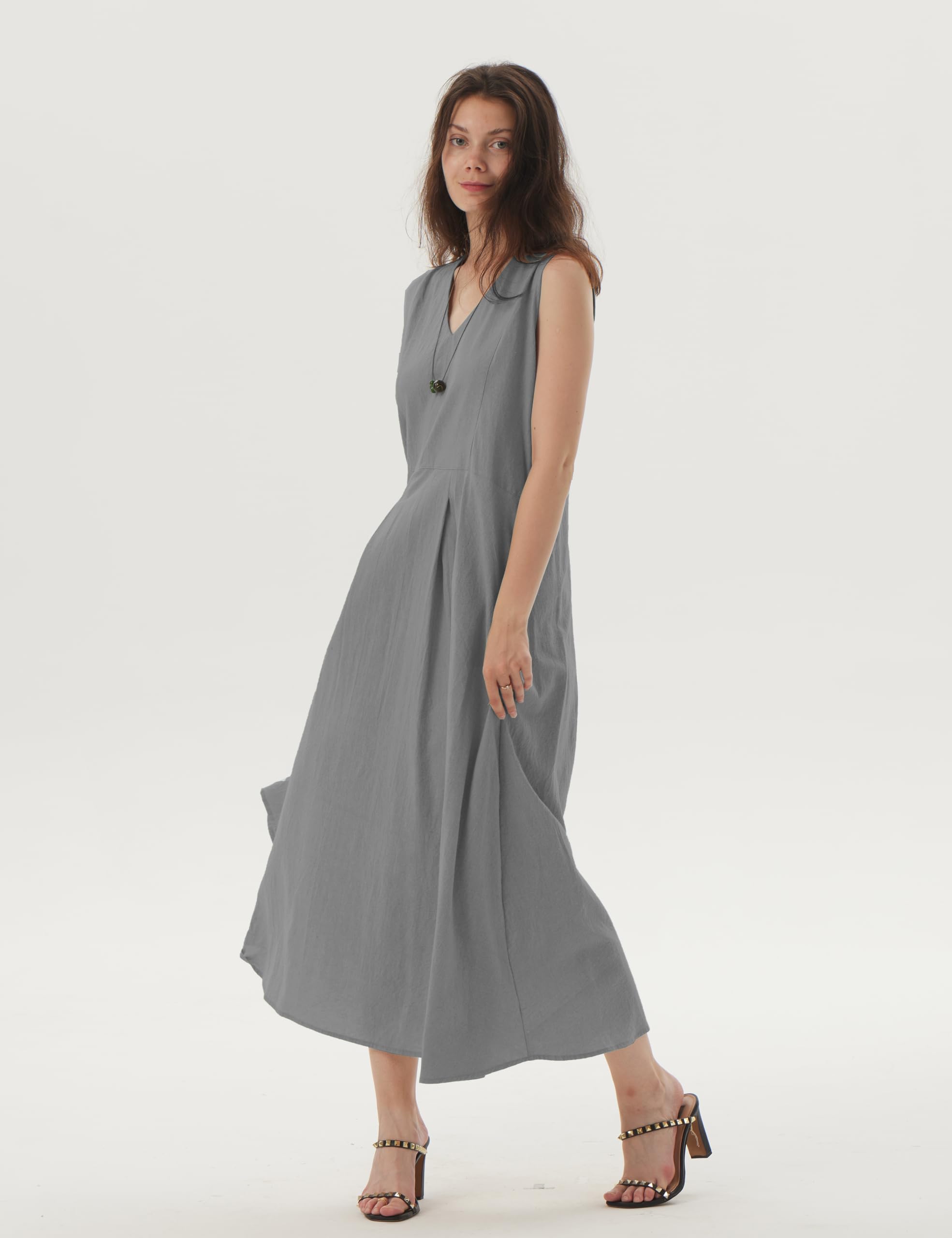 Women's Sleeveless V-Neck Linen Summer Dress - Minimalist Casual Solid Color Maxi Dress (XL, Gray) | Perfect for Beach Vacation, Brunch Dates & Summer Outings