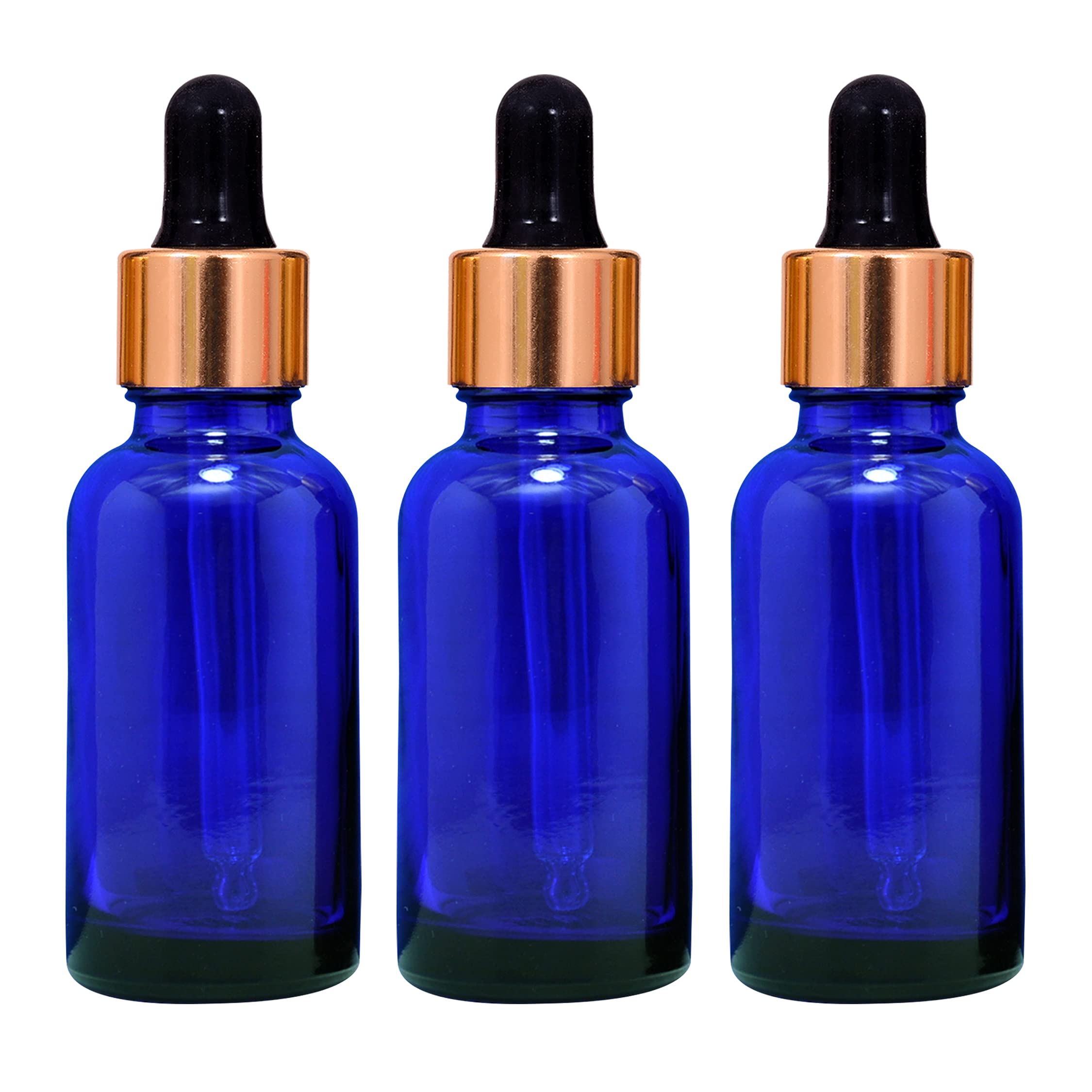 NSB Herbals 30ml Blue Round Empty Glass Bottle with Glass Dropper, Gold Ring & Black Silicone Teat - Refillable, Reusable, Leakproof Essential Oil Bottles for Aromatherapy, Perfume Making & DIY Beauty (Pack of 3)