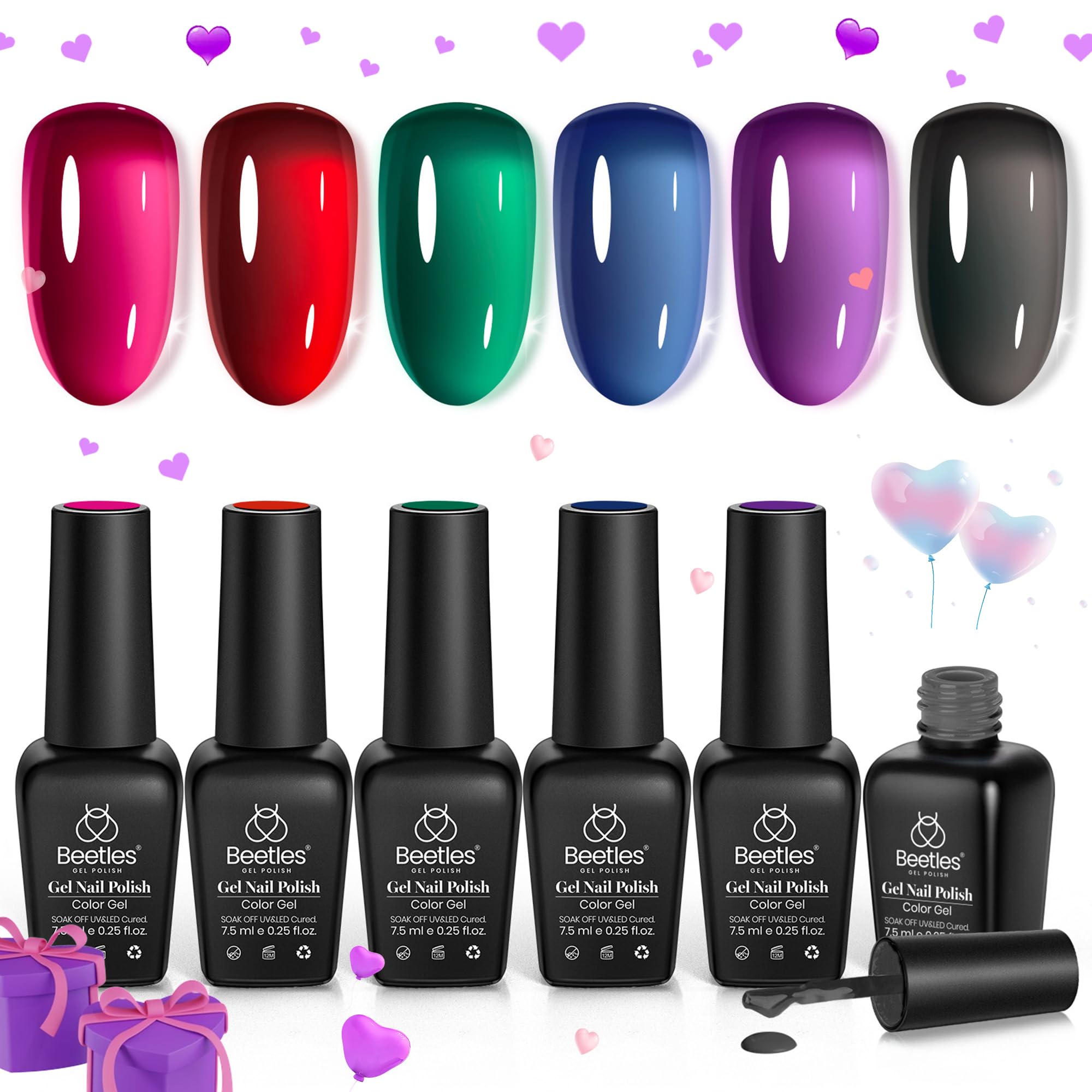 Beetles 6 Colors Jelly Gel Nail Polish Set - Pink, Red, Black, Blue, Green, Purple Sheer Translucent UV Soak Off Gel for Manicure | Spring Summer Nail Art Gift for Women | Perfect for Home Salon, DIY Nails & Professional Use
