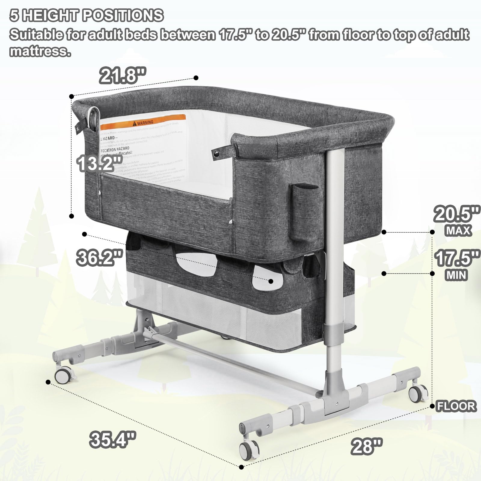 Portable Baby Bassinet Bedside Sleeper with Adjustable Height, Diaper Changing Station & Mosquito Net - 16 Gallon Storage Capacity, Grey - Perfect for Co-Sleeping, Nursery & Travel Use