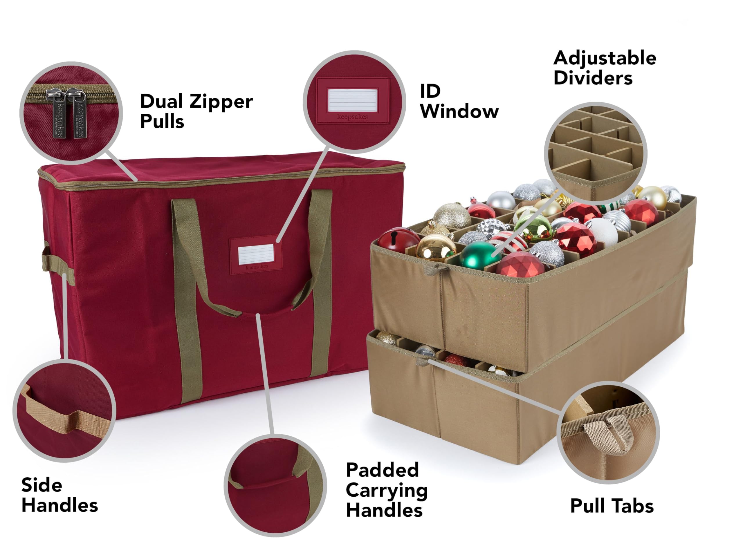 Covermates Keepsakes Adjustable Ornament Storage Bag with Carrying Handles & Padded Protection - Holiday Christmas Tree Decorations Organizer for Easy Storage & Transport (Red)