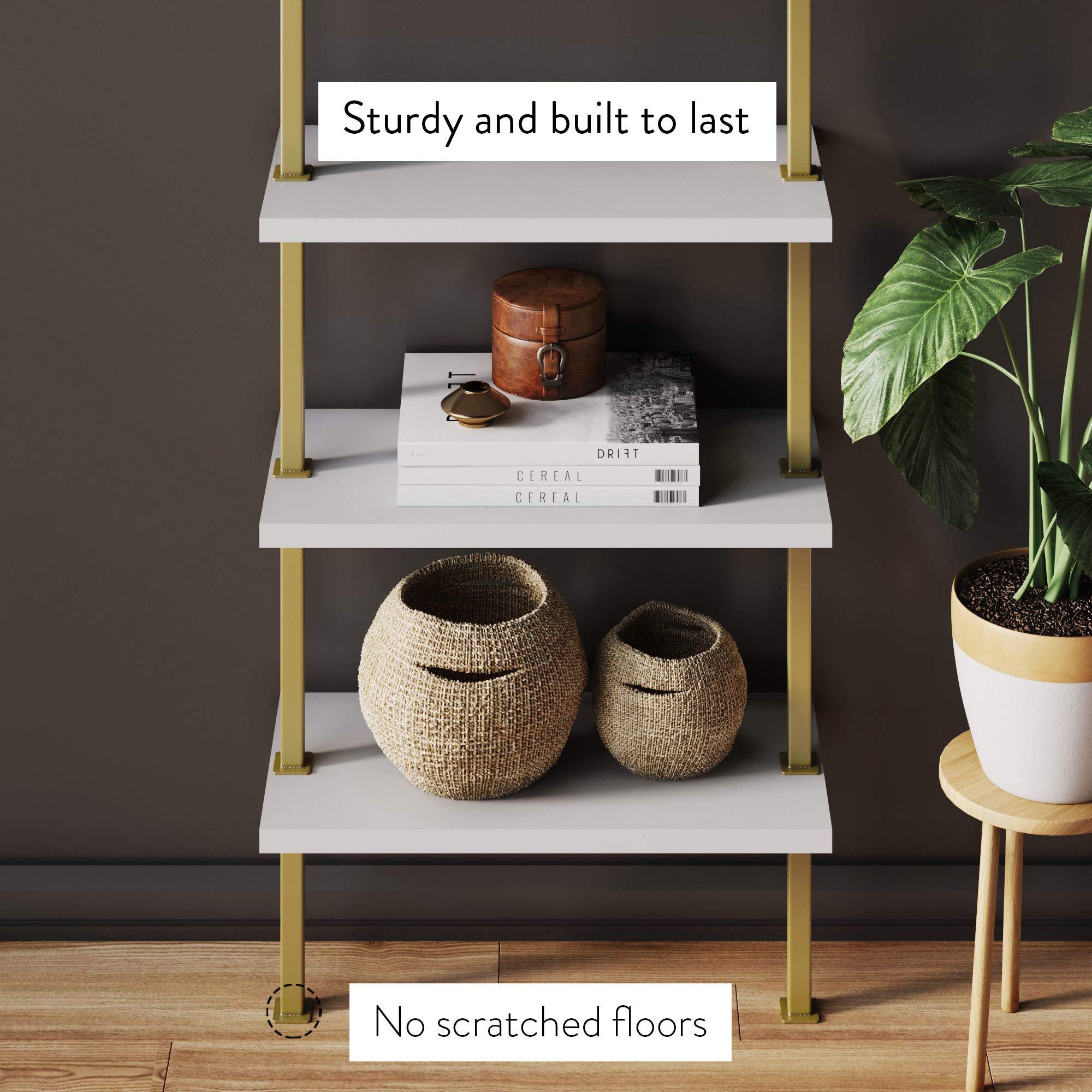 Nathan James Theo 5-Shelf Modern Bookcase - Industrial Metal Frame Open Ladder Bookshelf in White/Gold | Perfect for Living Room, Bedroom & Office Storage