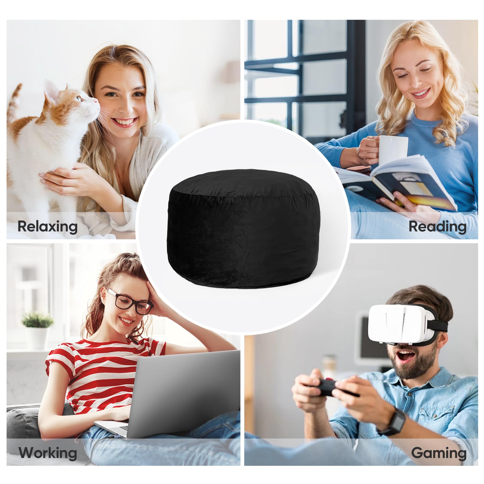 4FT Memory Foam Bean Bag Chair with Removable Velvet Cover - Giant Round Sofa Chair for Adults & Teens - Perfect for Dorm Room, Bedroom, Gaming Room & Lounge - Black