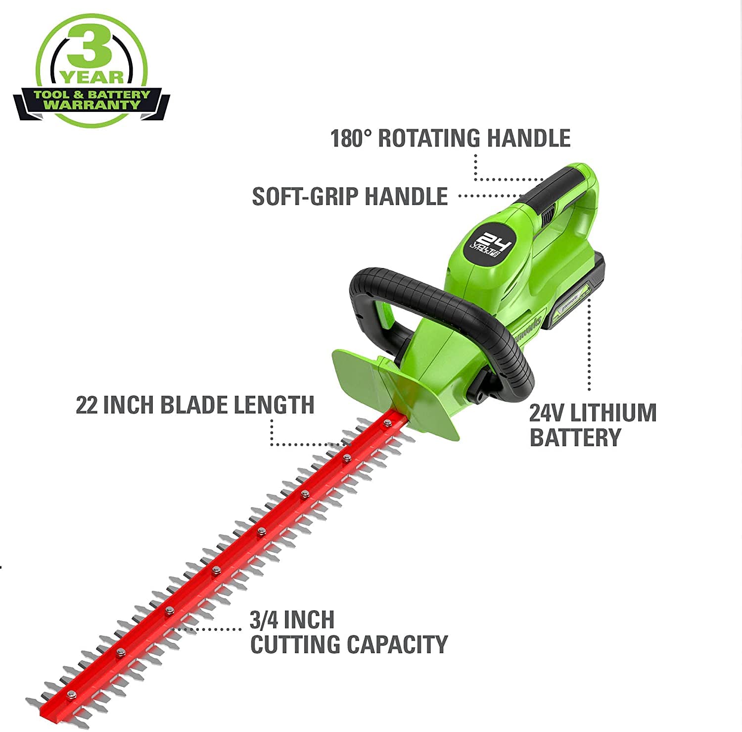 Greenworks 24V 22-Inch Cordless Hedge Trimmer with Rotating Handle - Includes (1) 1.5Ah USB Battery & Charger + 24V Axial Blower (90 MPH/320 CFM) - Perfect for Landscaping, Yard Maintenance, and Professional Gardening