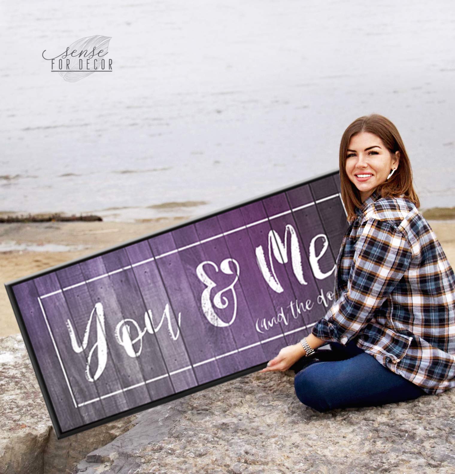 Dog Signs For Home Decor - You, Me And The Dogs Wall Art for Couples | Purple & Black Floating Frame 42x19 | Bedroom Wall Decor Above Bed | Unique Dog Lover Gift for Anniversary or Wedding