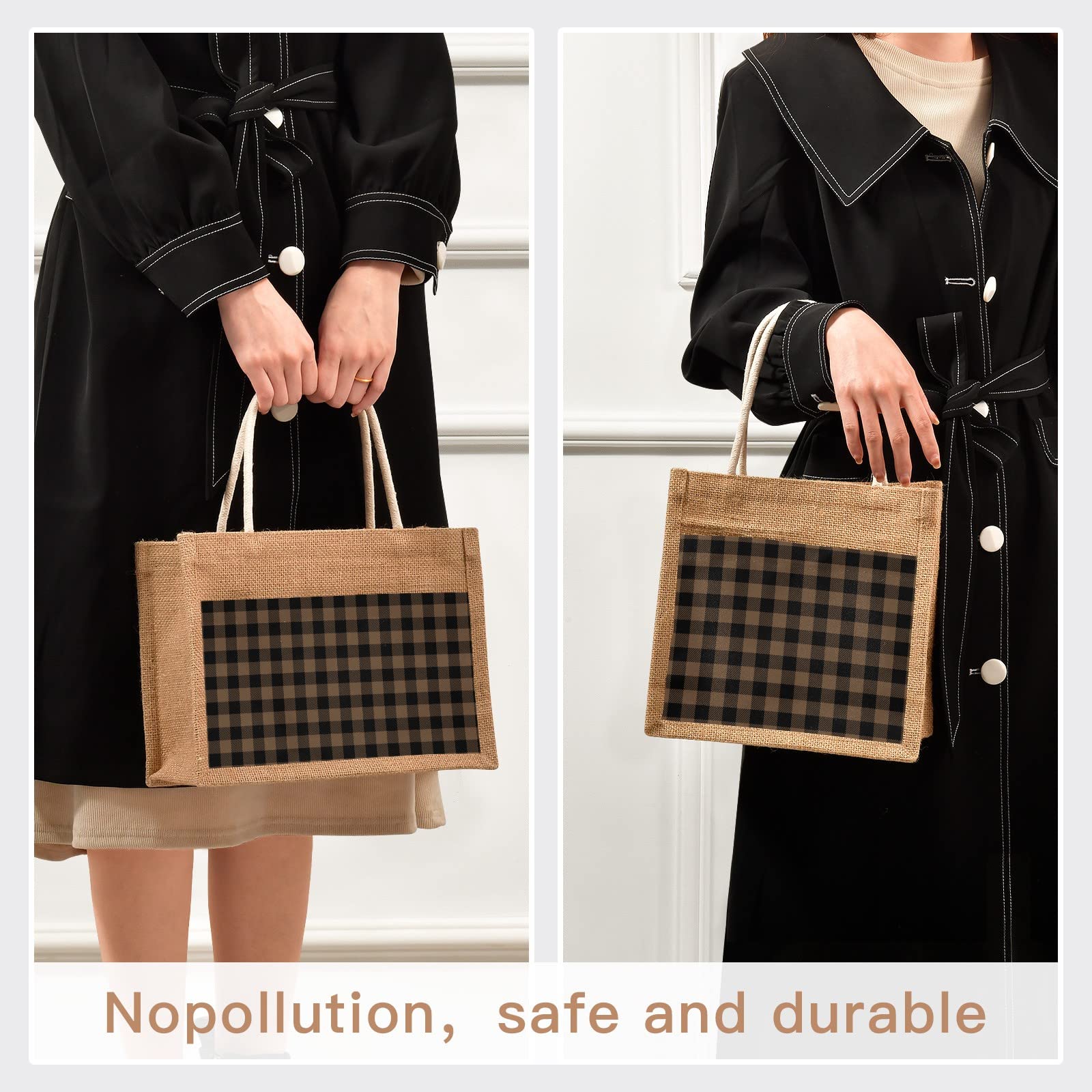 JUNZAN Tartan Coffee Brown Plaid Jute Tote Bag - Eco-Friendly Reusable Straw Beach Bag for Shopping, Groceries & Wedding Gifts | Perfect for Beach Outings, Farmers Market & Daily Errands