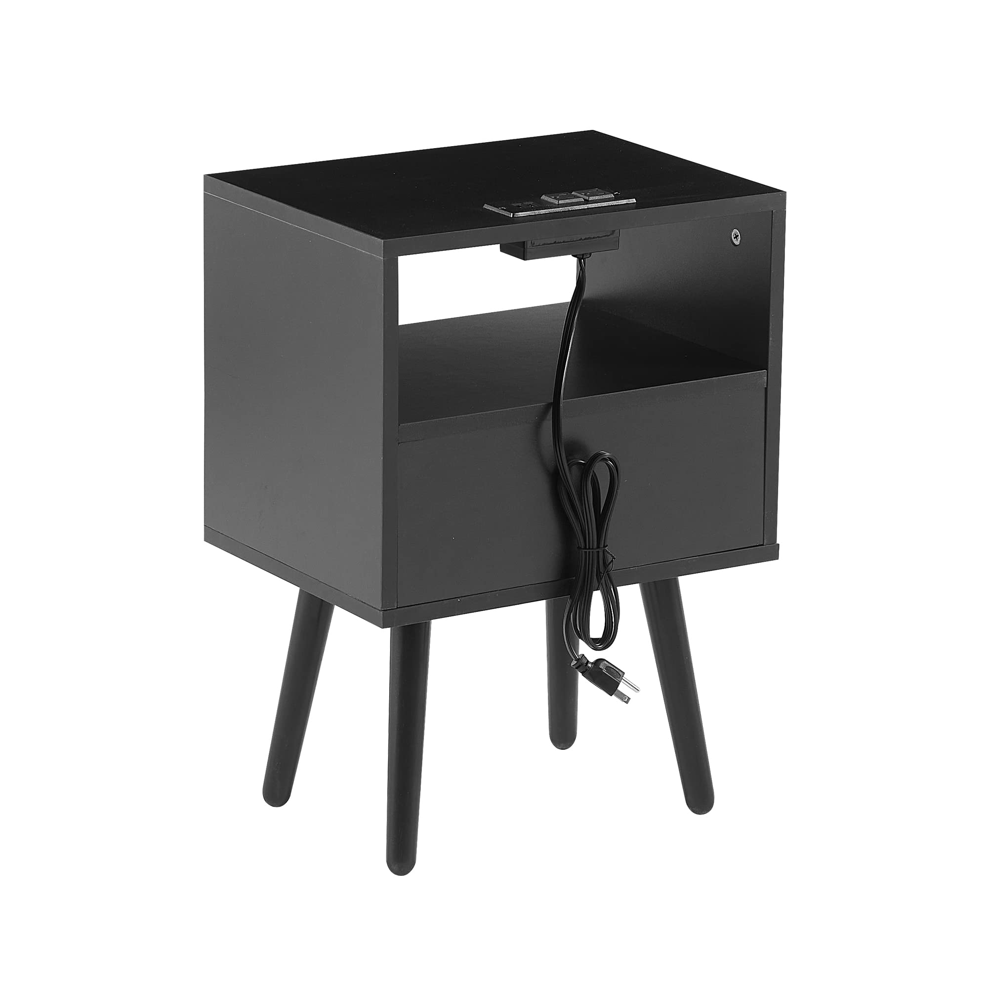 2-Piece Rattan Nightstand Set with Power Outlet & USB Ports - Boho Bedside Table with Solid Wood Legs & Drawer - Modern End Table for Bedroom, Living Room (Black) - Perfect for Charging Devices & Bedroom Organization
