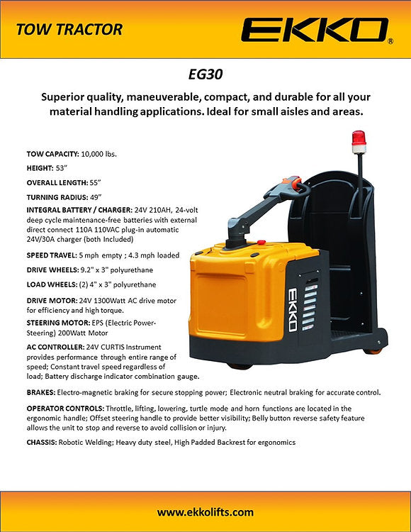 Ekko EG30 Heavy Duty Tow Tractor - 10,000 lbs Pulling Capacity for Industrial & Warehouse Use - New Electric Tugger for Moving Equipment, Pallets & Cargo