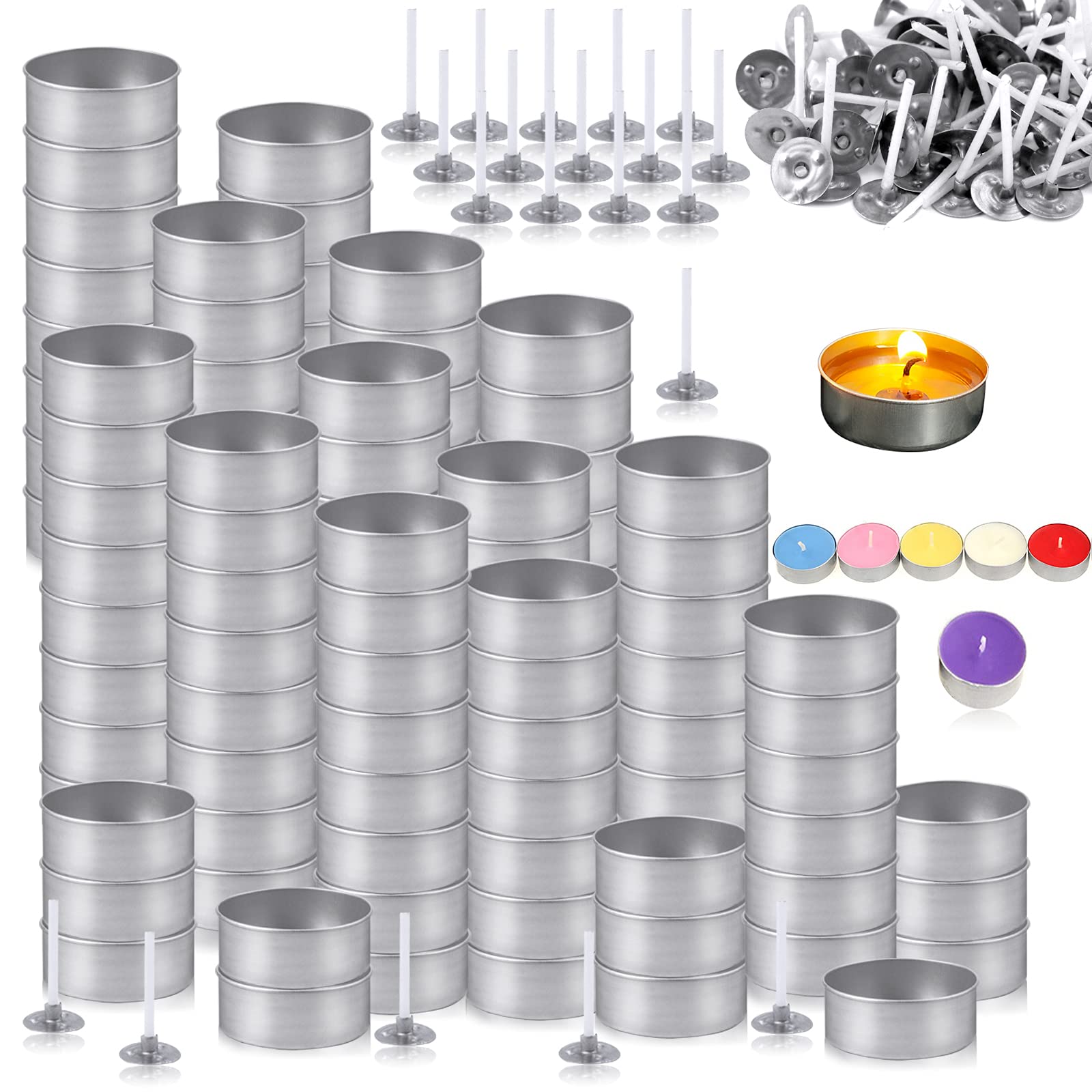 WFPLUS 100 Pcs Aluminum Tea Light Holders - Empty Candle Wax Containers with 100 Wicks - DIY Candle Making Supplies for Home Decor, Weddings & Parties - Metal Tea Light Tins in Carton Box