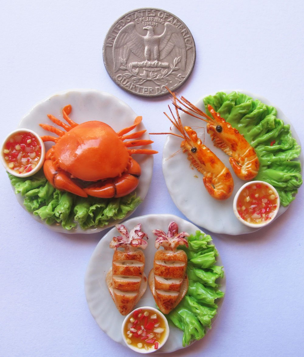 Set of 3 Miniature Seafood Plates - Realistic Dollhouse Food Accessories for Barbie & Collectible Display | Perfect for Doll Kitchens, Dioramas & Miniature Scenes