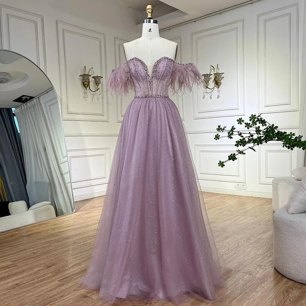 Elegant Lilac Feather Beaded A-Line Evening Gown for Women | Luxury Dubai Arabic Style Long Party Dress | Perfect for Weddings, Galas & Formal Events - LA72326
