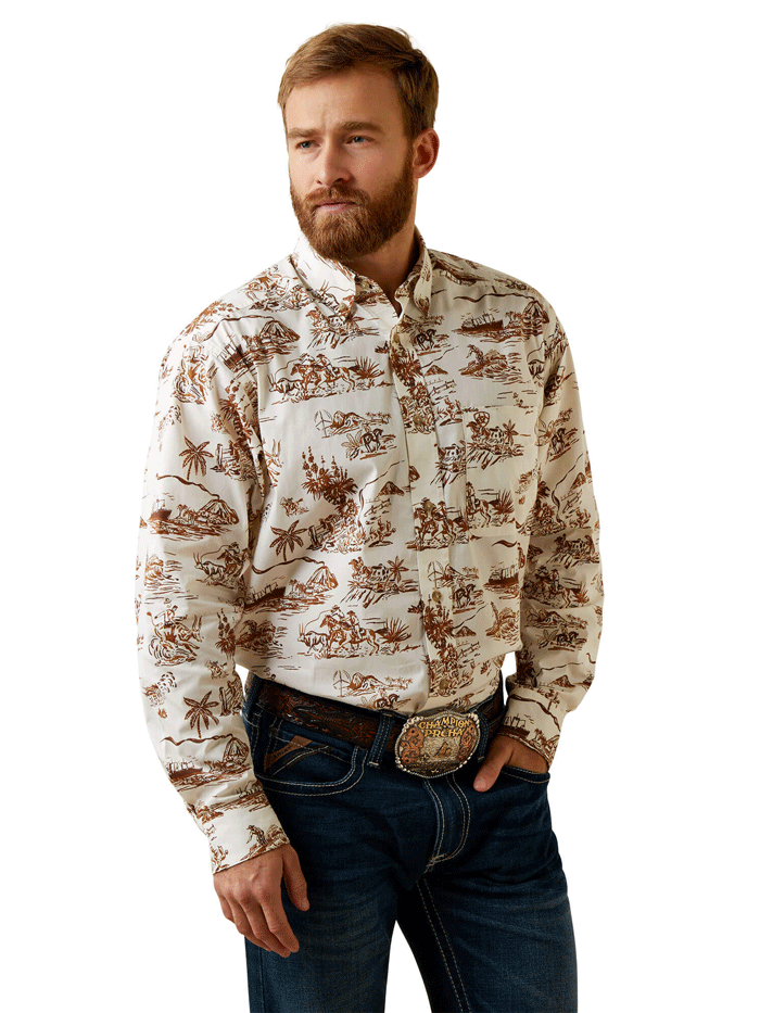Ariat Men's Wrinkle Resistant Paniolo Western Aloha Stretch Classic Fit Shirt - Sand Color for Casual Wear, Cowboy Rodeo & Hawaiian Themed Events