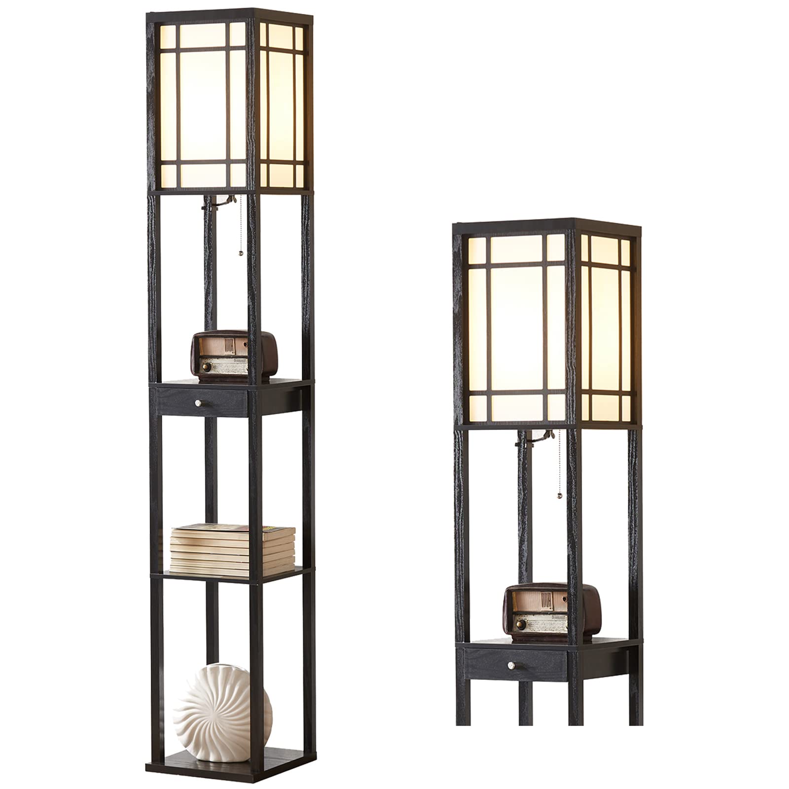 Modern Floor Lamp with Shelves & Drawer - LED Bulb Included, Space-Saving Corner Tower Lamp with Storage, Tall Bookshelf Nightstand Light for Living Room, Bedroom, Office - Perfect for Reading & Home Decor (Black)
